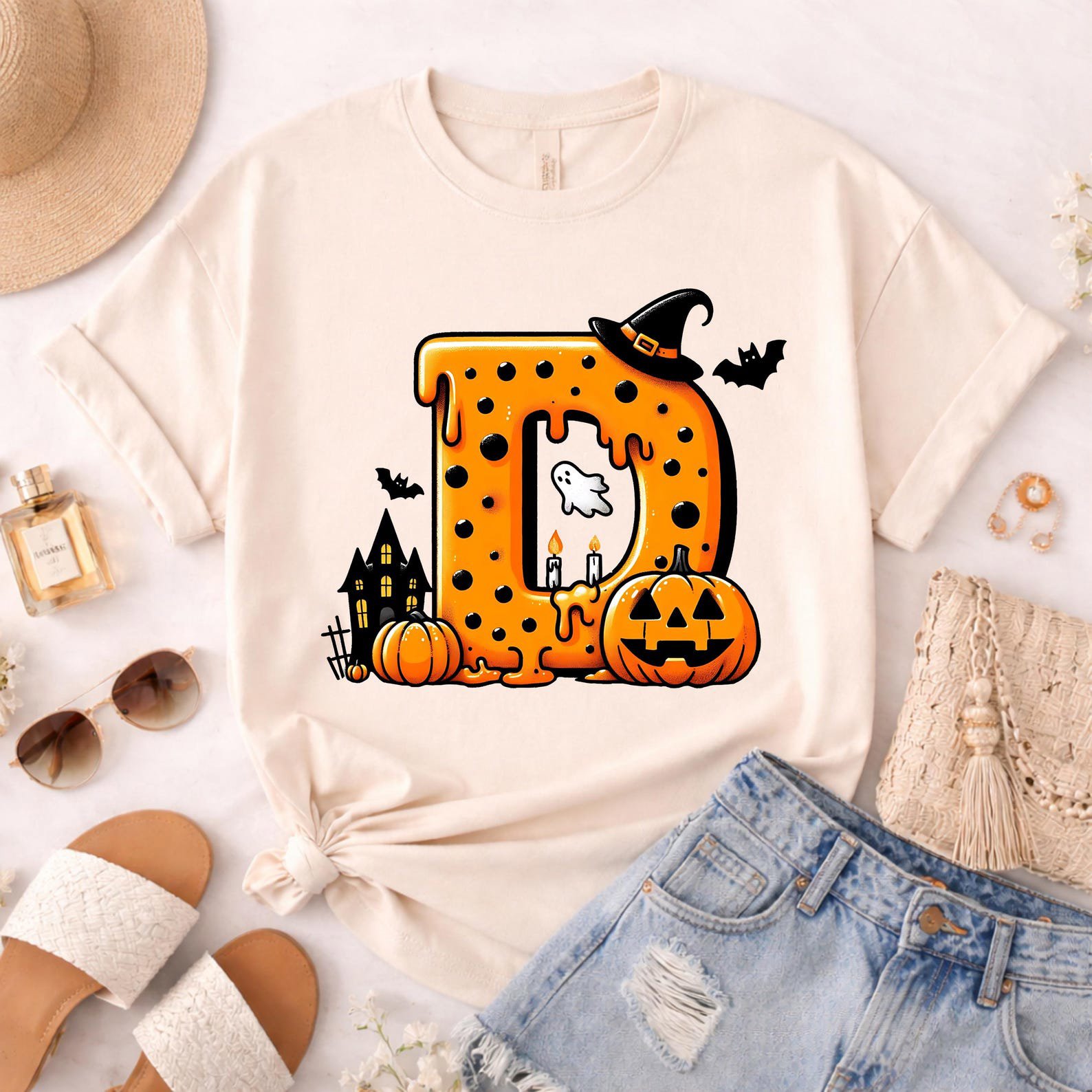 Monogram Halloween Shirt ,Spooky Dripping Initial Sweatshirt, Pumpkin Graphic For Matching Family, Friends Outfit 6