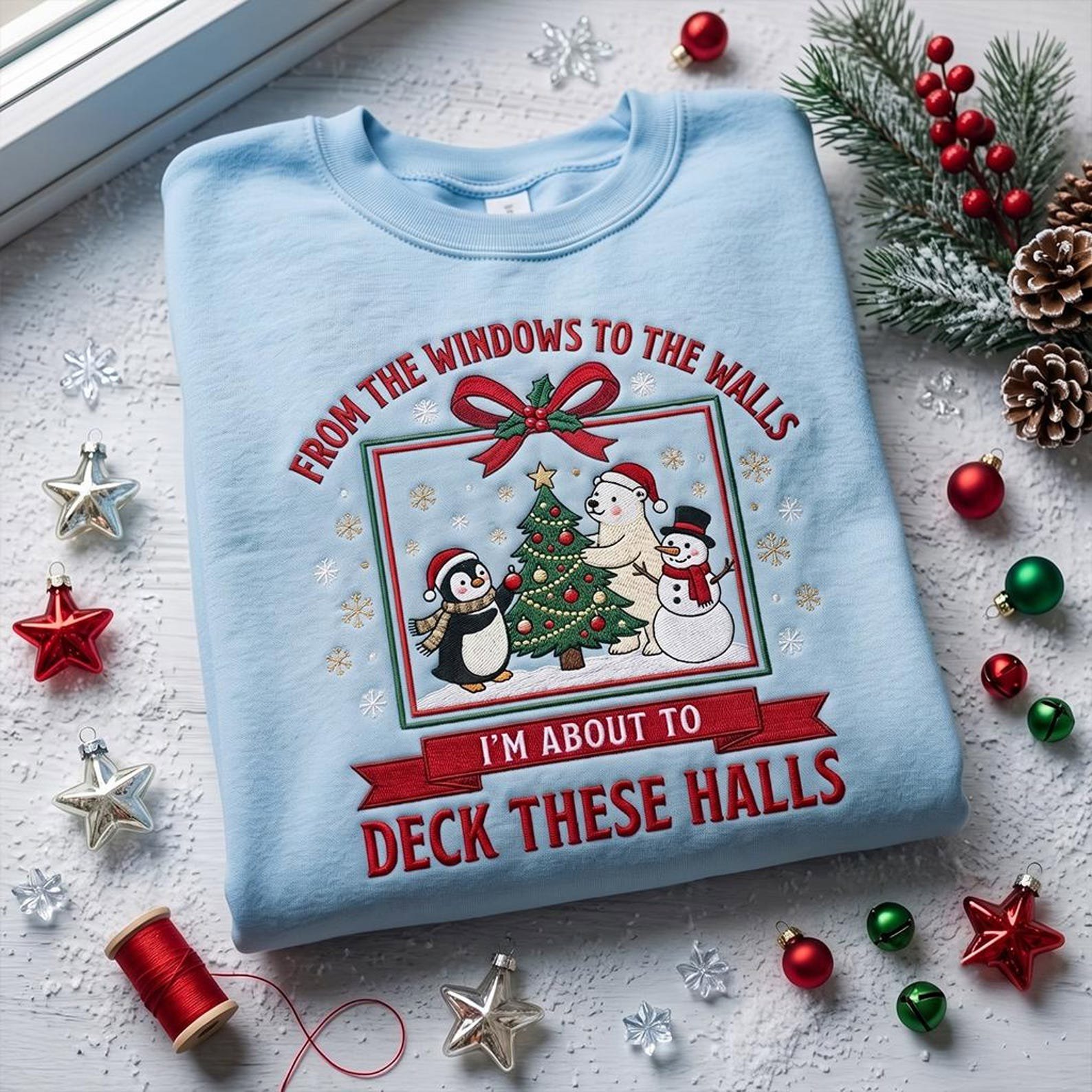 Funny Christmas Embroidered Sweatshirt, Deck These Halls Holiday Crewneck, Penguin Snowman Polar Bear Shirt, Festive Winter Gift 3