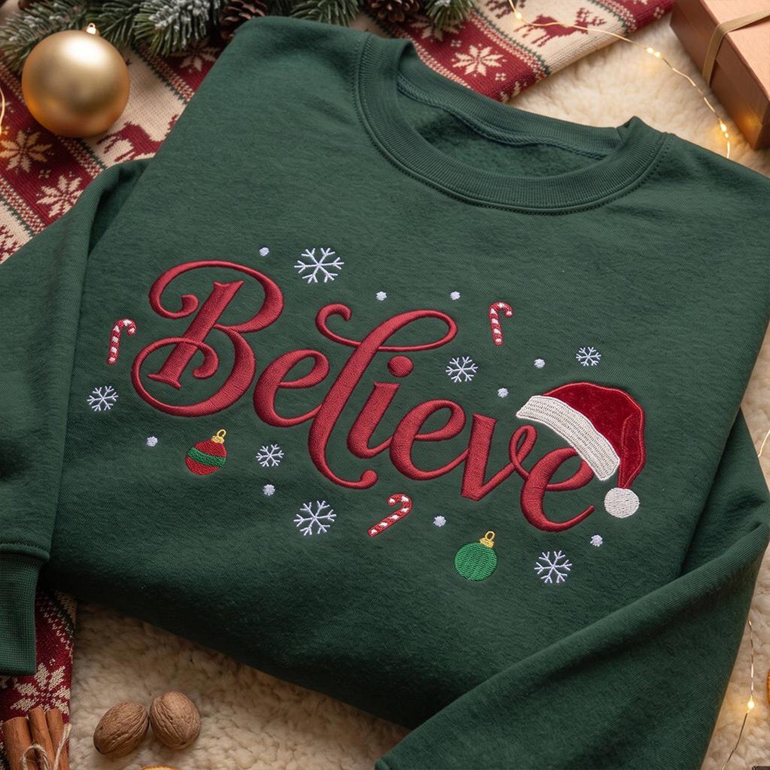 Christmas Believe Embroidered Sweatshirt, Festive Santa Hat Crewneck, Snowflake Candy Cane Holiday Shirt, Cozy Winter Gift 3