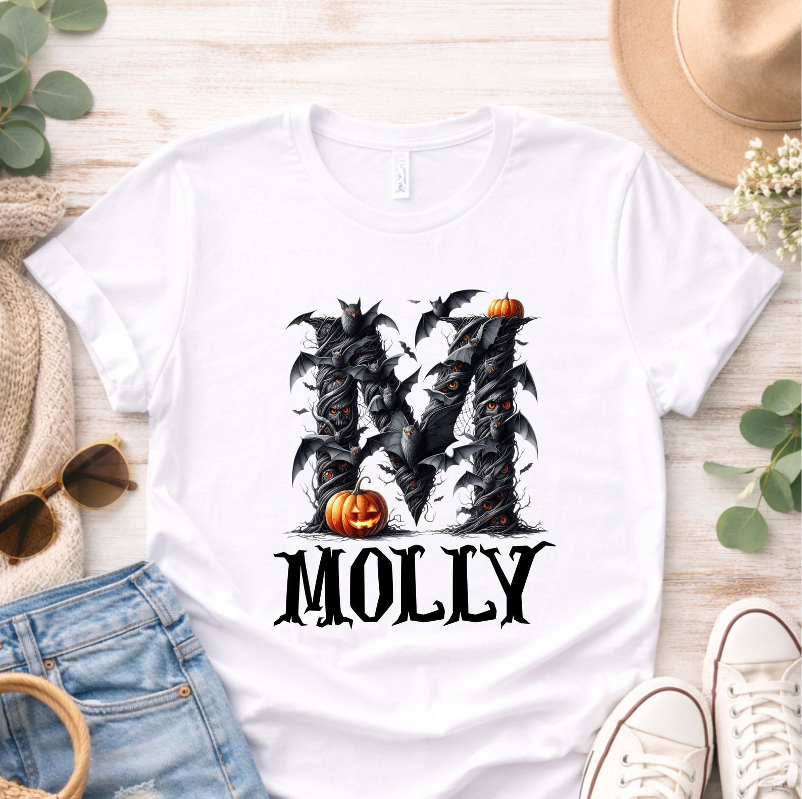 Spooky Gothic Monogram Halloween Sweatshirt, Personaized Bat Pumpkin Graphic Shirt For Hounted House Outfit 3
