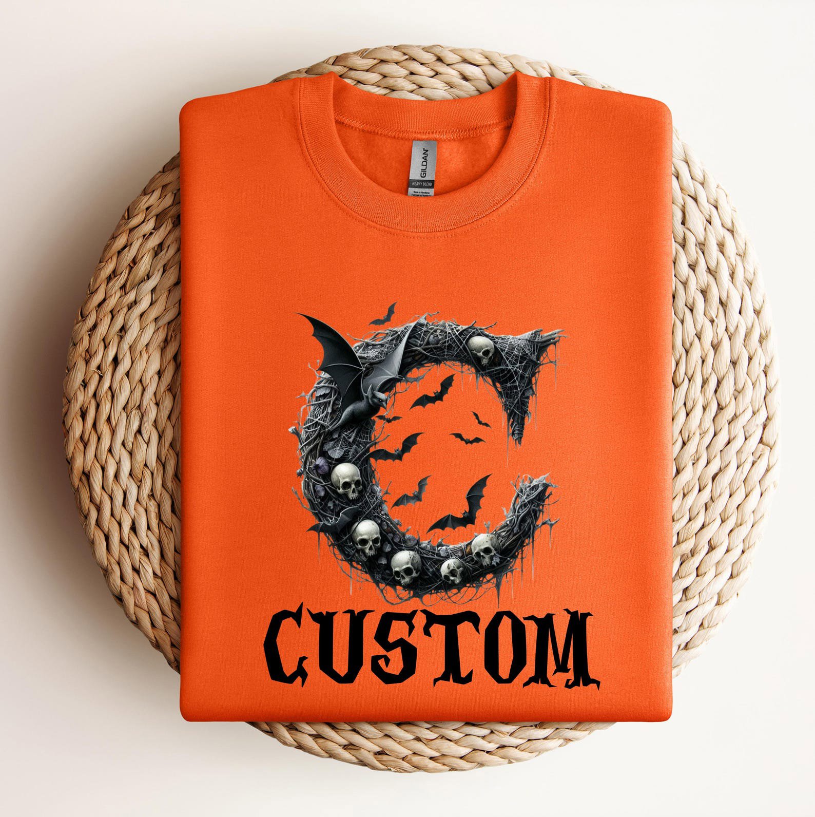 Spooky Gothic Monogram Halloween Sweatshirt, Personaized Bat Pumpkin Graphic Shirt For Hounted House Outfit 1