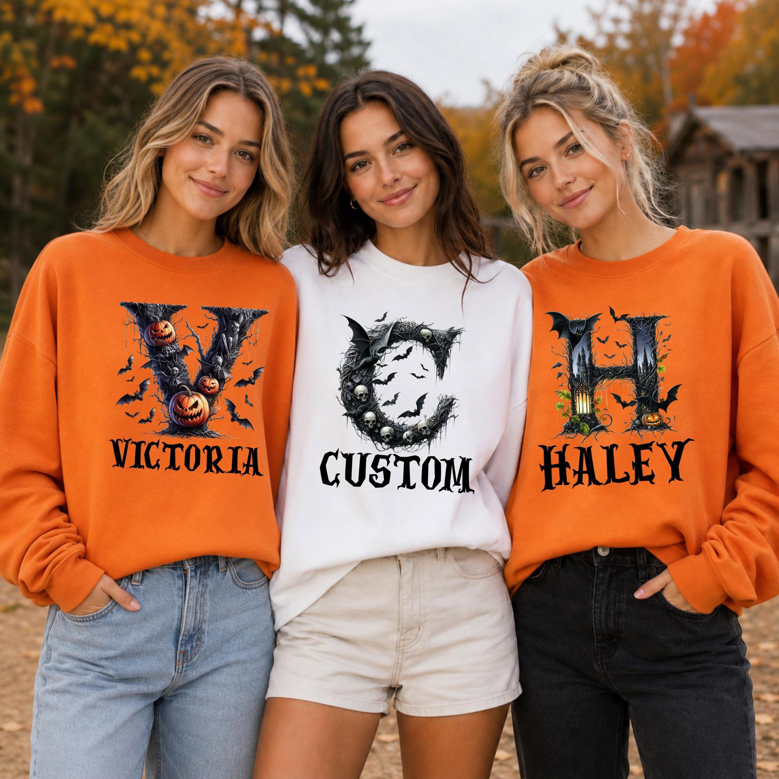 Spooky Gothic Monogram Halloween Sweatshirt, Personaized Bat Pumpkin Graphic Shirt For Hounted House Outfit 2