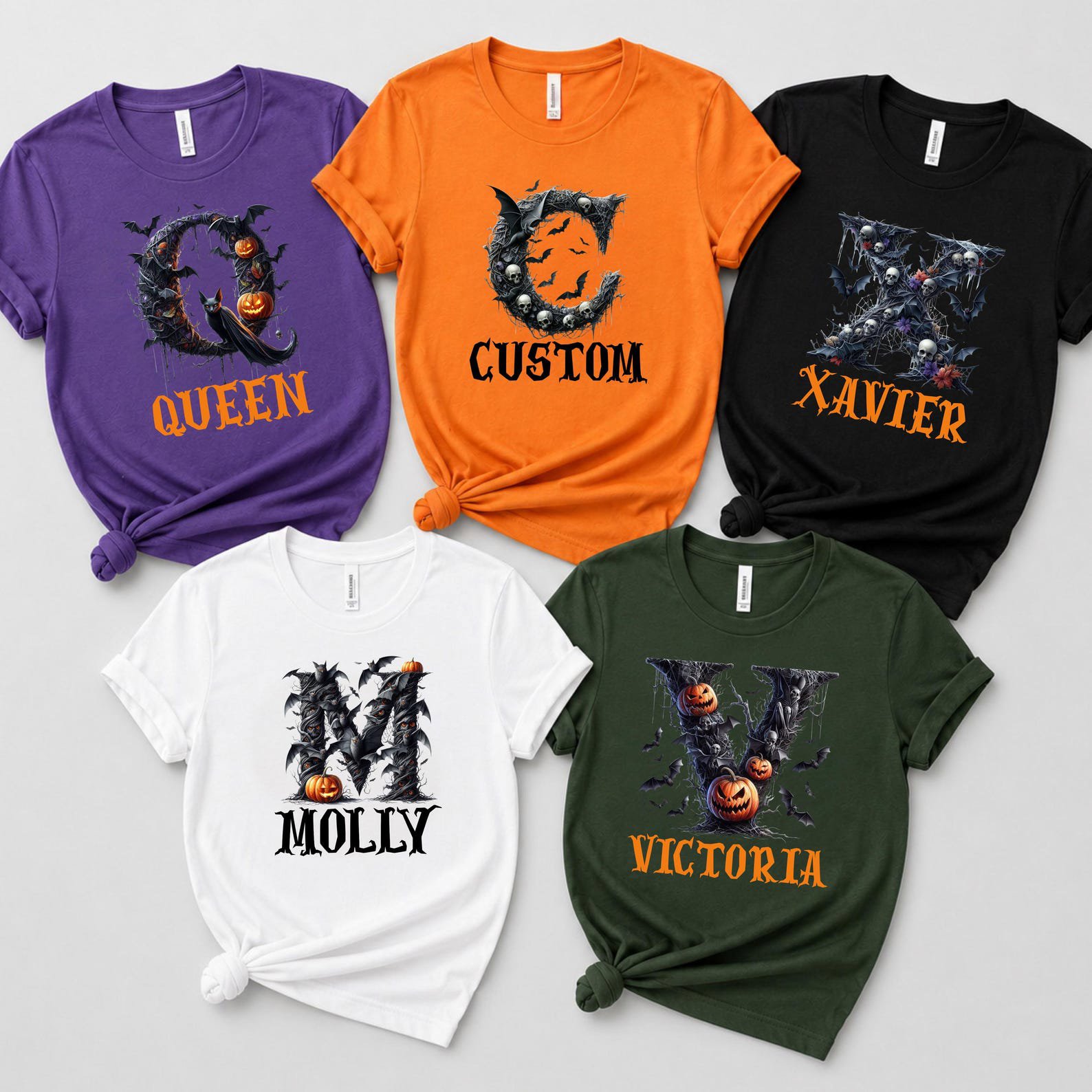 Spooky Gothic Monogram Halloween Sweatshirt, Personaized Bat Pumpkin Graphic Shirt For Hounted House Outfit 4
