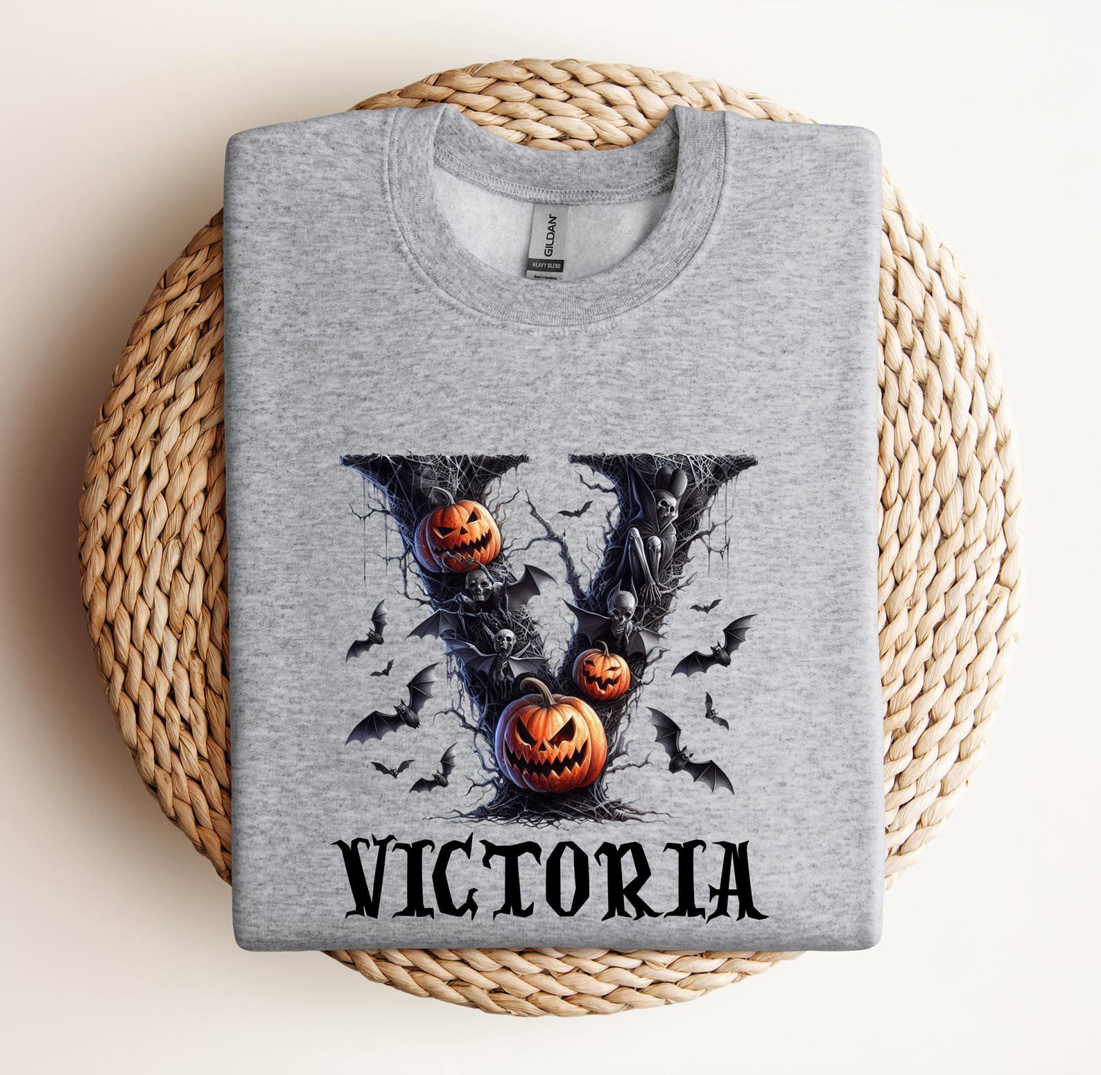 Spooky Gothic Monogram Halloween Sweatshirt, Personaized Bat Pumpkin Graphic Shirt For Hounted House Outfit 6