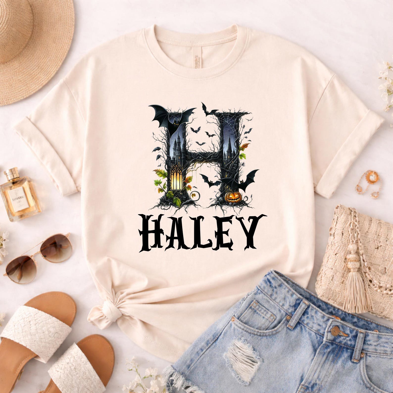 Spooky Gothic Monogram Halloween Sweatshirt, Personaized Bat Pumpkin Graphic Shirt For Hounted House Outfit 7