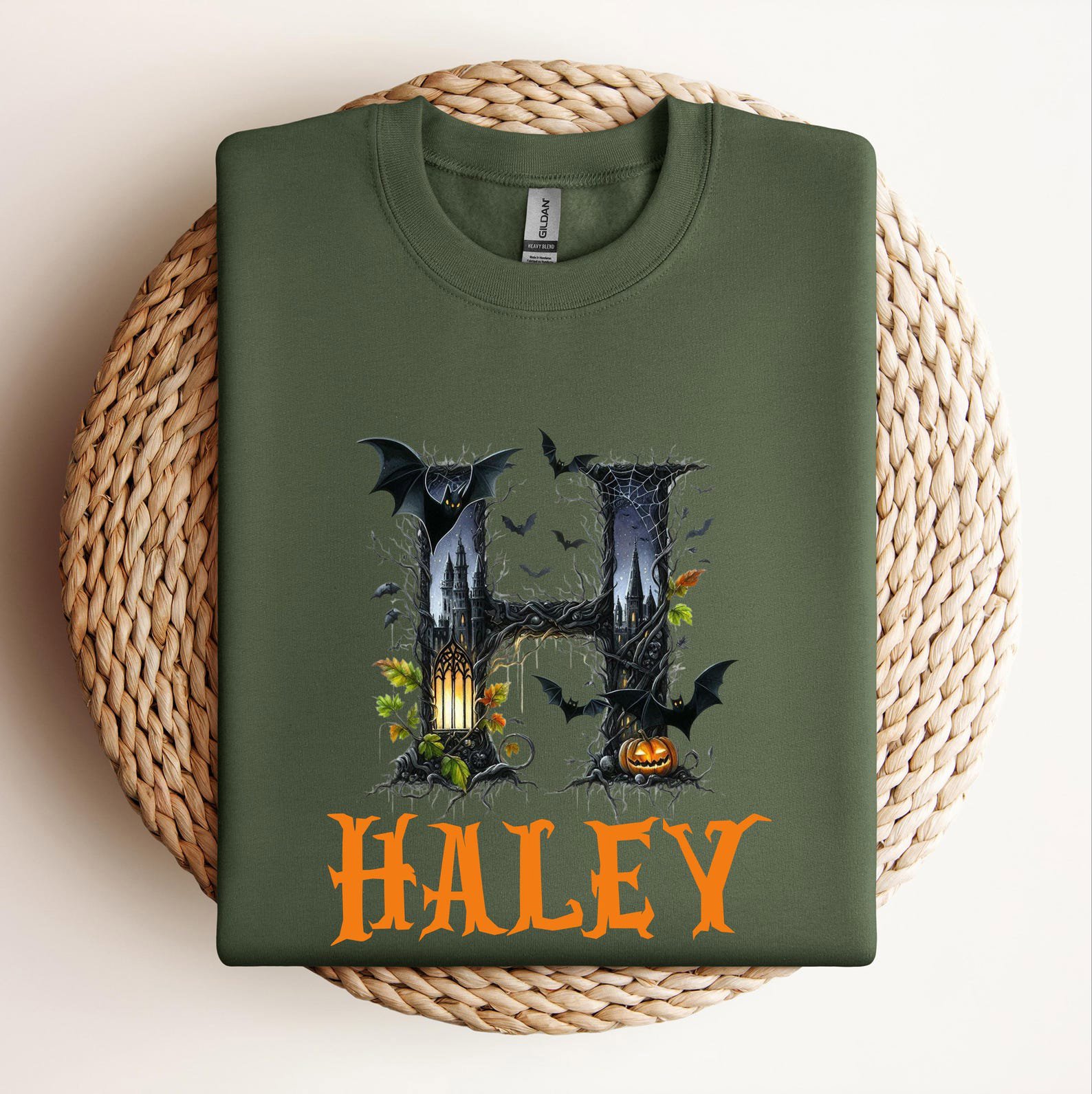 Spooky Gothic Monogram Halloween Sweatshirt, Personaized Bat Pumpkin Graphic Shirt For Hounted House Outfit 8