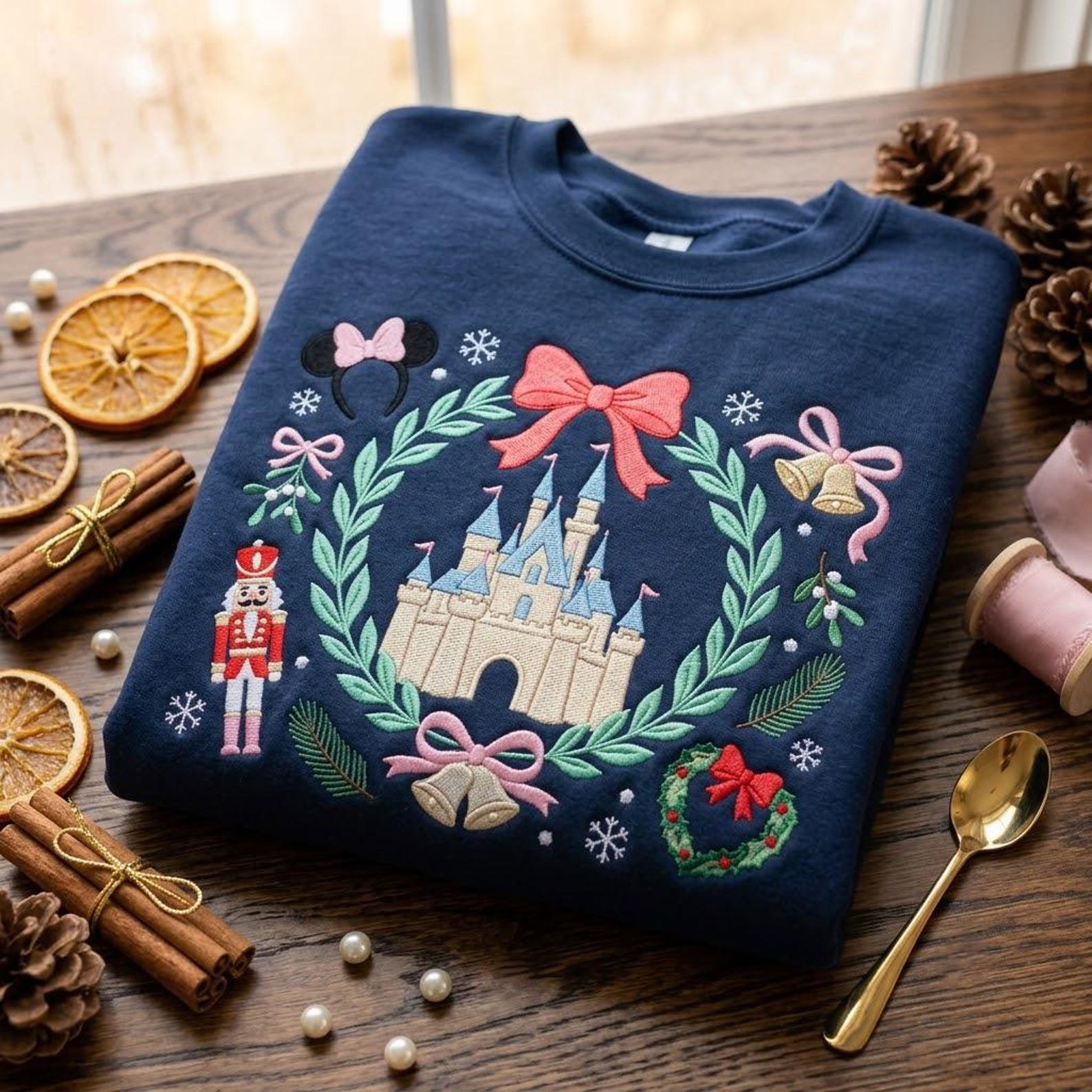 Christmas Castle Embroidered Sweatshirt, Holiday Bow Nutcracker Sweatshirt, Magical Christmas Wreath Embroidery, Festive Gift 3