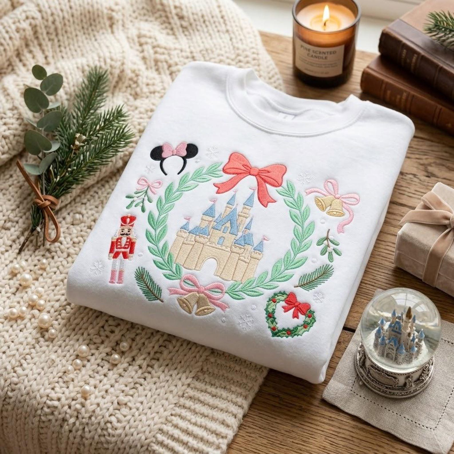 Christmas Castle Embroidered Sweatshirt, Holiday Bow Nutcracker Sweatshirt, Magical Christmas Wreath Embroidery, Festive Gift 2