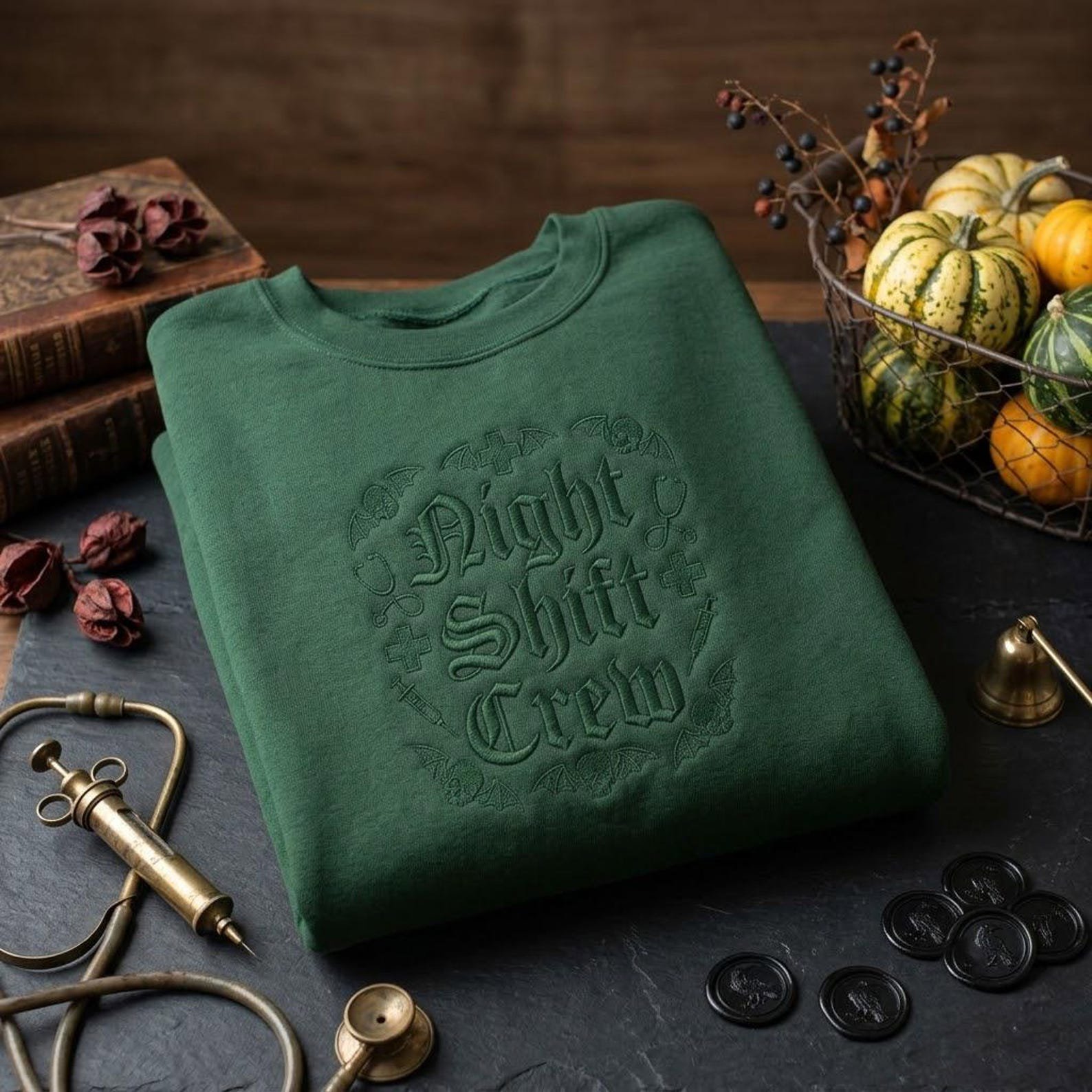Halloween Night Shift Embroidered Sweatshirt, Nurse Crewneck, Spooky Medical Worker Shirt, Gothic Healthcare Gift, Nurse Life Top 2