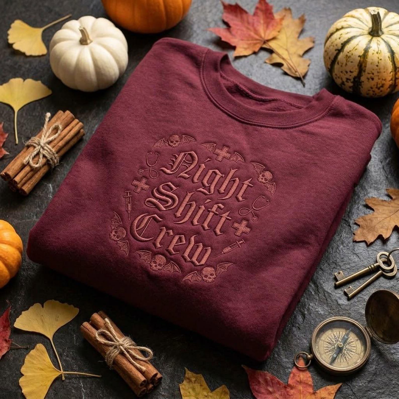 Halloween Night Shift Embroidered Sweatshirt, Nurse Crewneck, Spooky Medical Worker Shirt, Gothic Healthcare Gift, Nurse Life Top 1