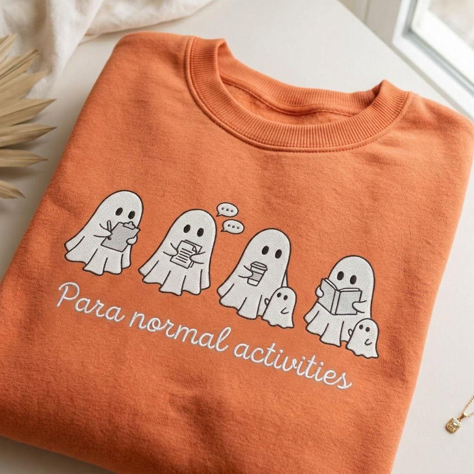Cute Ghost Embroidered Sweatshirt, Paranormal Activities Crewneck, Cozy Reading Ghost Shirt, Funny Spooky Season Halloween Gift 2