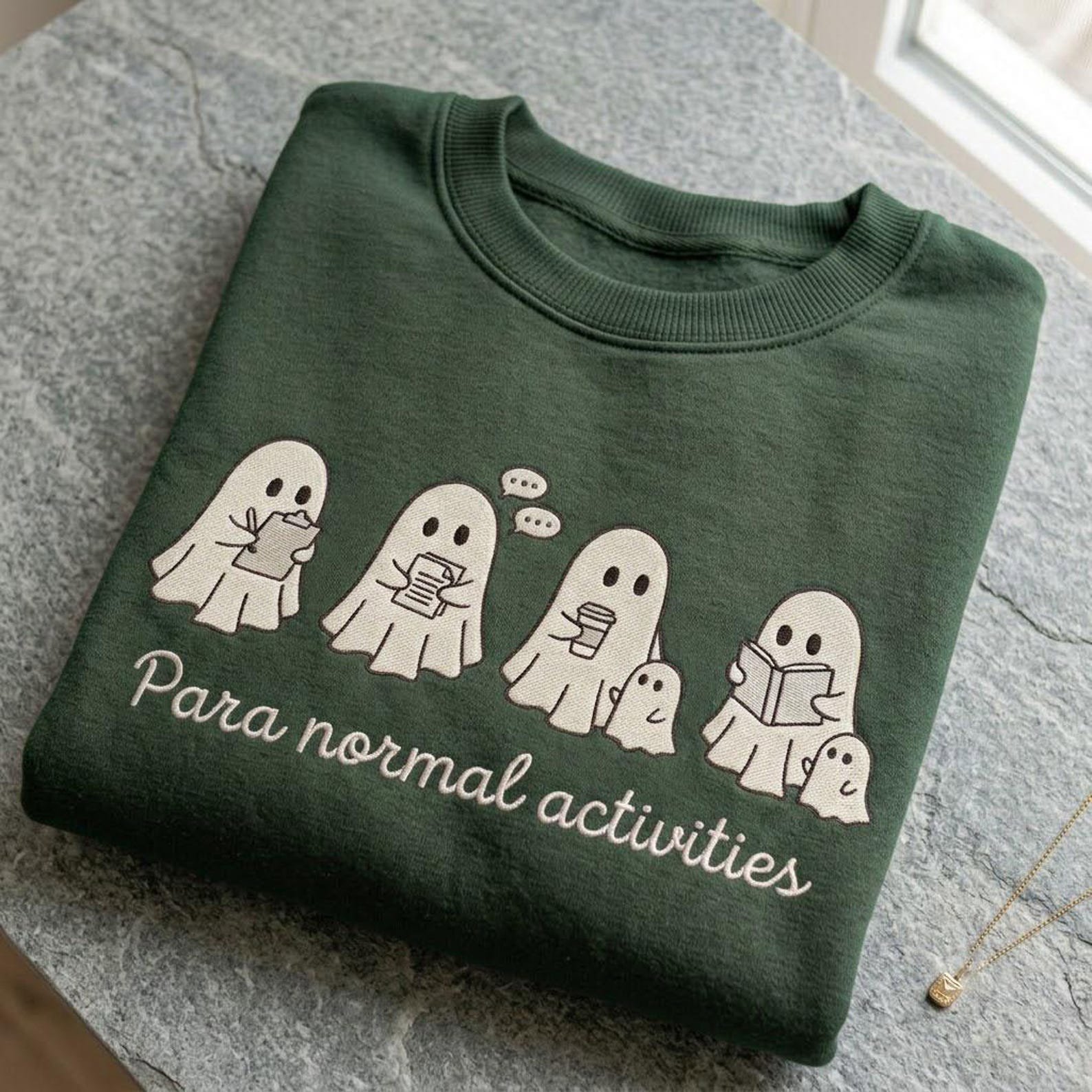 Cute Ghost Embroidered Sweatshirt, Paranormal Activities Crewneck, Cozy Reading Ghost Shirt, Funny Spooky Season Halloween Gift 3