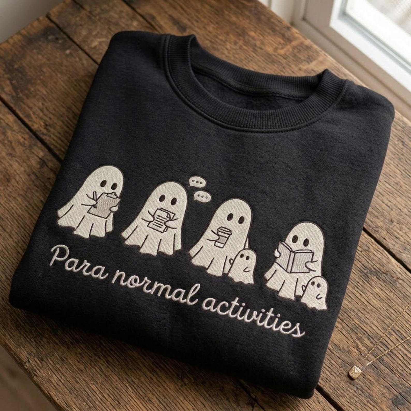 Cute Ghost Embroidered Sweatshirt, Paranormal Activities Crewneck, Cozy Reading Ghost Shirt, Funny Spooky Season Halloween Gift 1