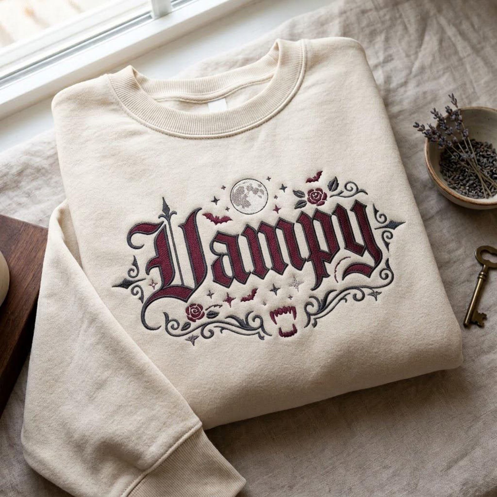 Gothic Vampy Embroidered Sweatshirt, Vampire Halloween Crewneck, Bat Moon Rose Shirt, Dark Romantic Spooky Season Gift 3