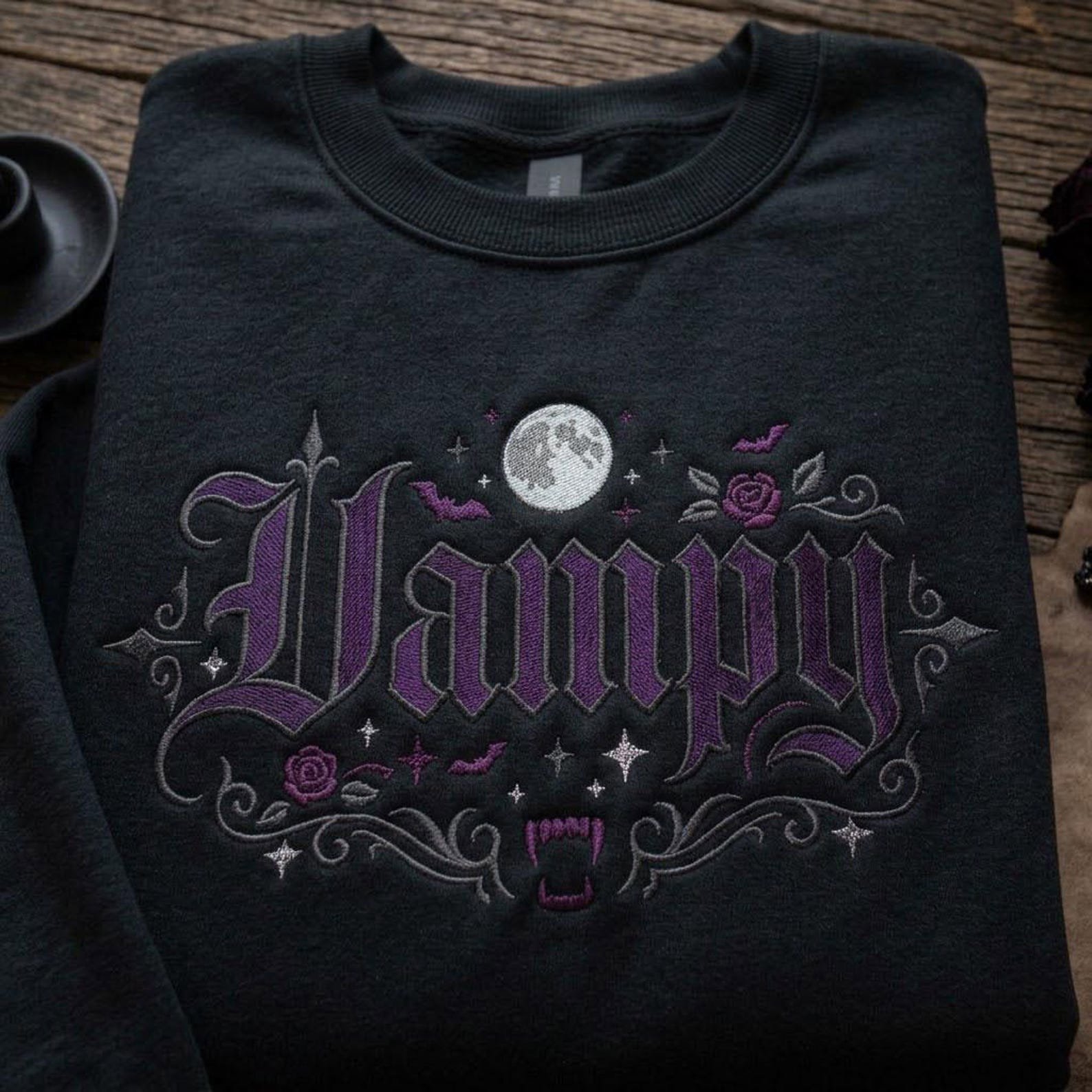 Gothic Vampy Embroidered Sweatshirt, Vampire Halloween Crewneck, Bat Moon Rose Shirt, Dark Romantic Spooky Season Gift 2