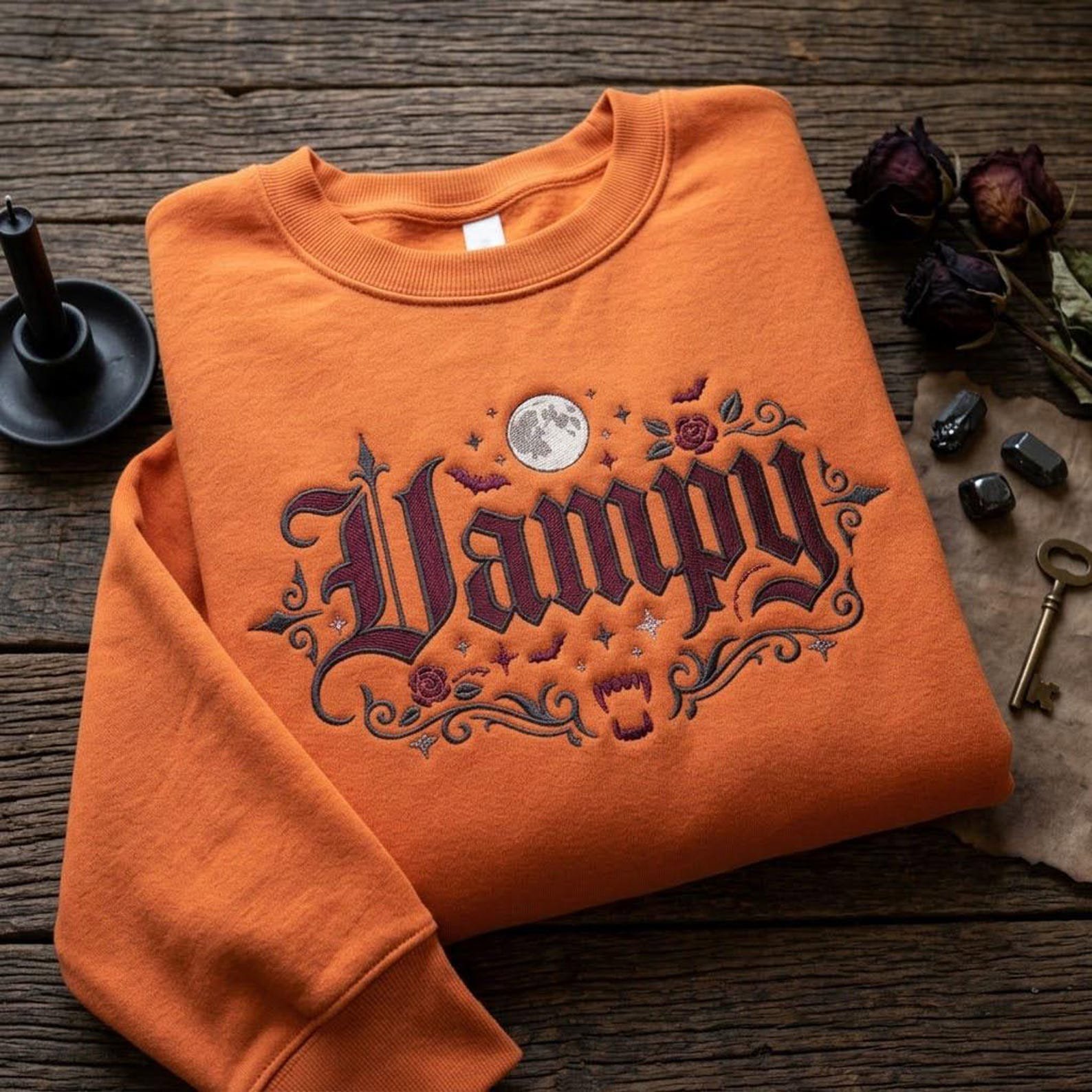 Gothic Vampy Embroidered Sweatshirt, Vampire Halloween Crewneck, Bat Moon Rose Shirt, Dark Romantic Spooky Season Gift 1