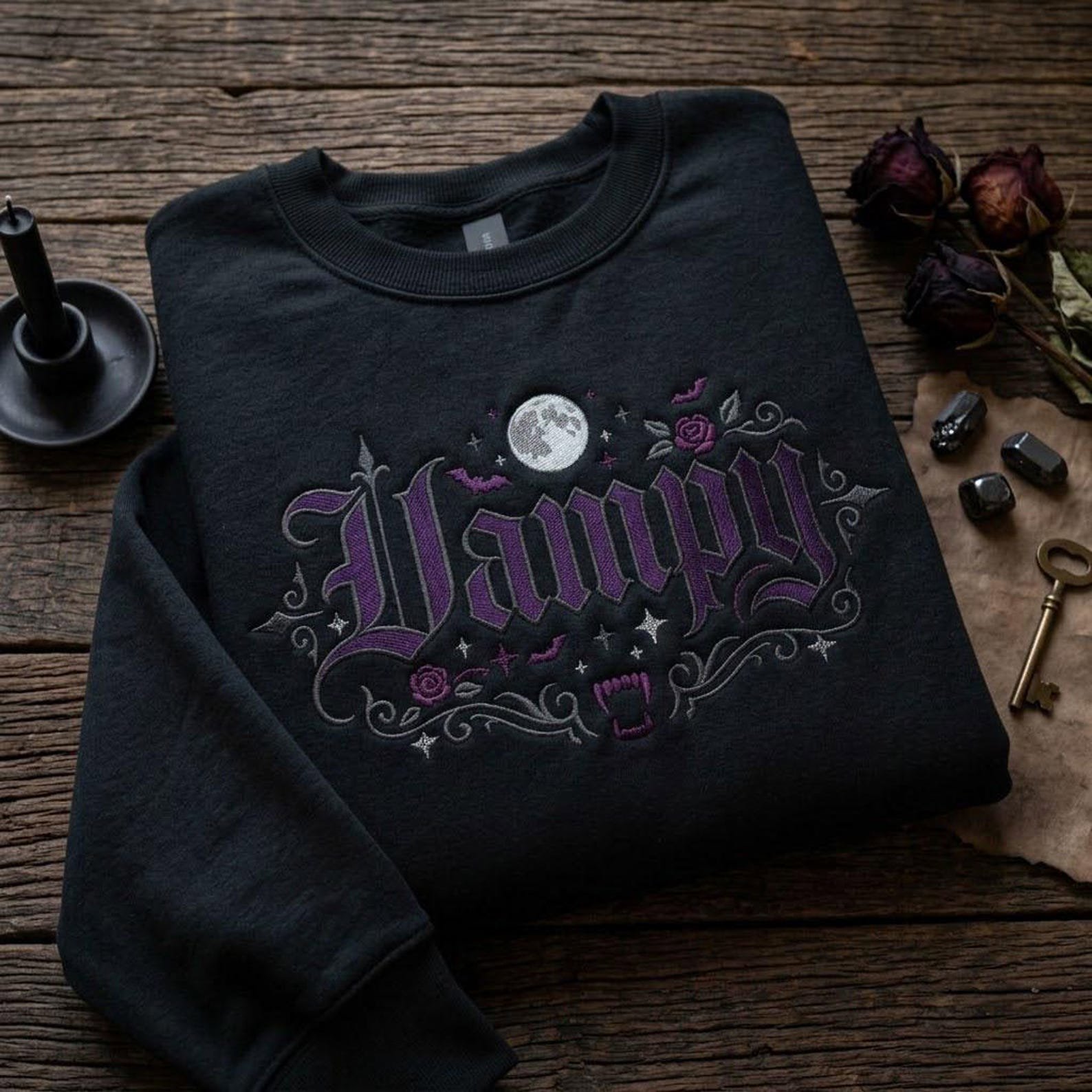 Gothic Vampy Embroidered Sweatshirt, Vampire Halloween Crewneck, Bat Moon Rose Shirt, Dark Romantic Spooky Season Gift 4