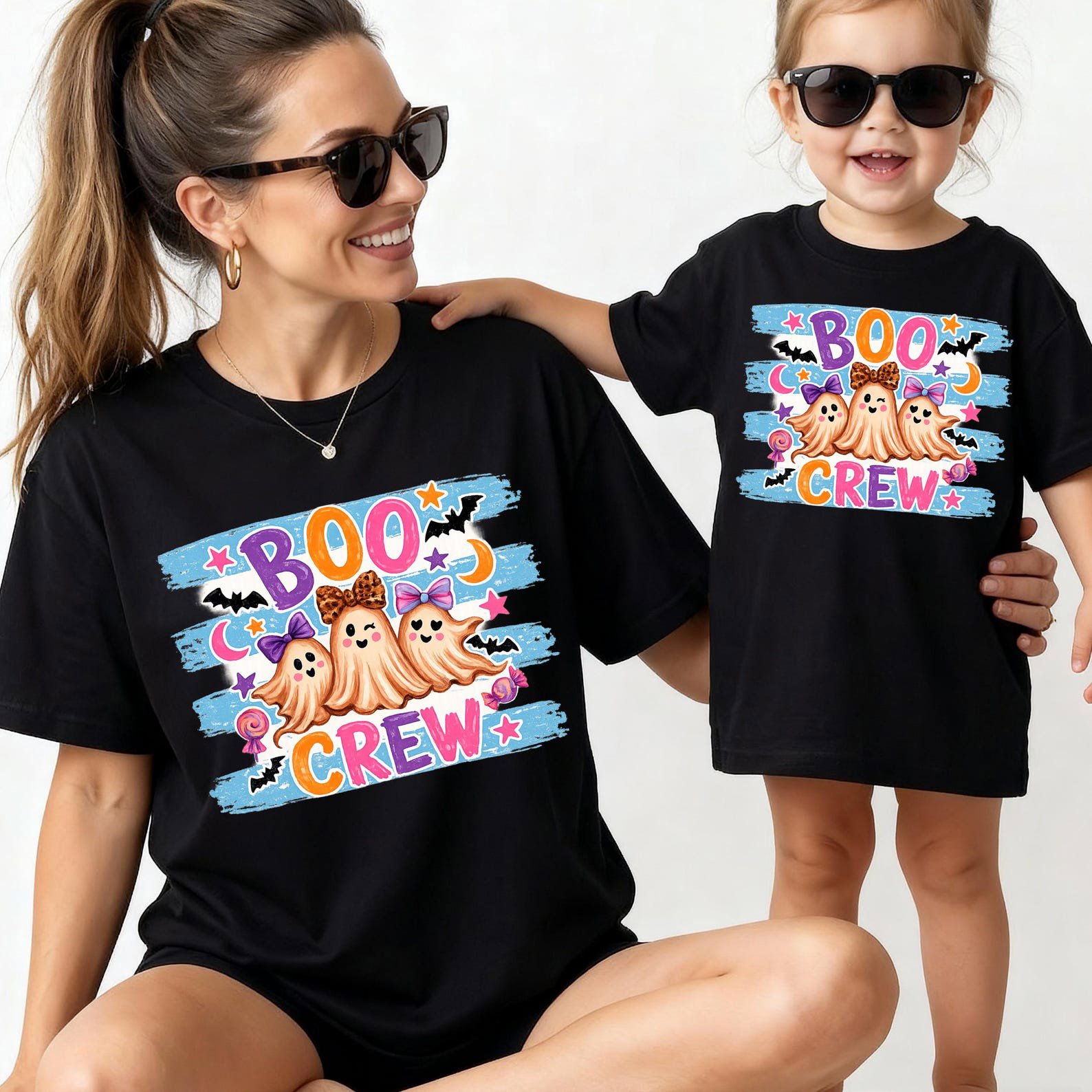 Matching Boo Crew Halloween Sweatshirt, Pink Coquette Ghost Graphic, Family Teacher Squad Outfit 2