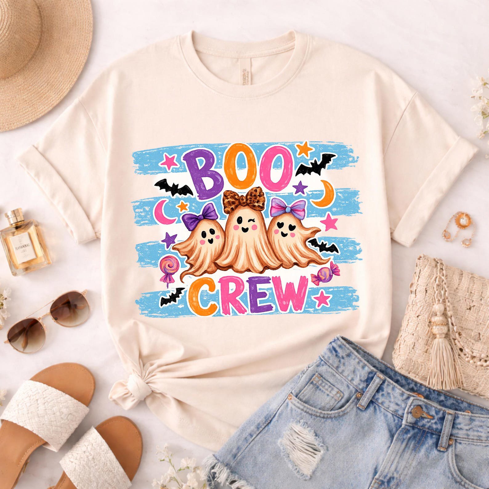 Matching Boo Crew Halloween Sweatshirt, Pink Coquette Ghost Graphic, Family Teacher Squad Outfit 5