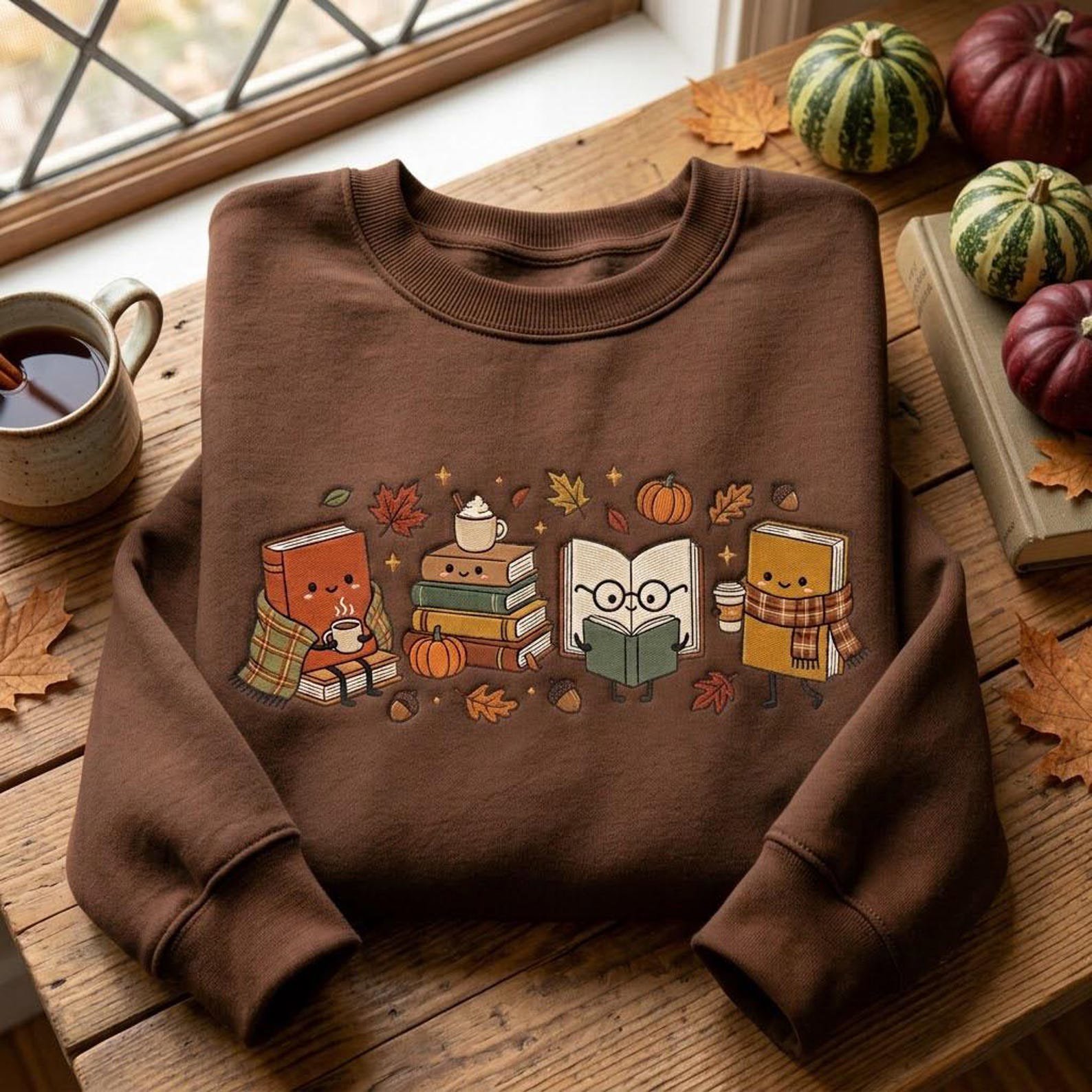 Cozy Book Club Embroidered Sweatshirt, Cute Reading Books Crewneck, Autumn Pumpkin Bookish Shirt, Fall Reader Librarian Gift 3