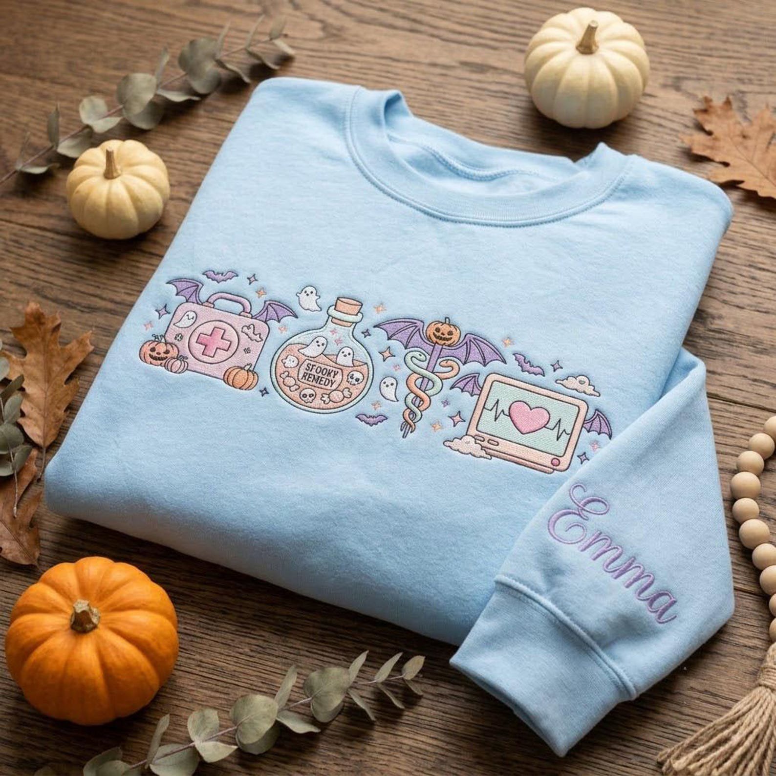Spooky Nurse Halloween Sweatshirt, Personalized Medical Embroidery, Ghost Remedy Design, Custom Sleeve Name, Healthcare Worker Gift 4