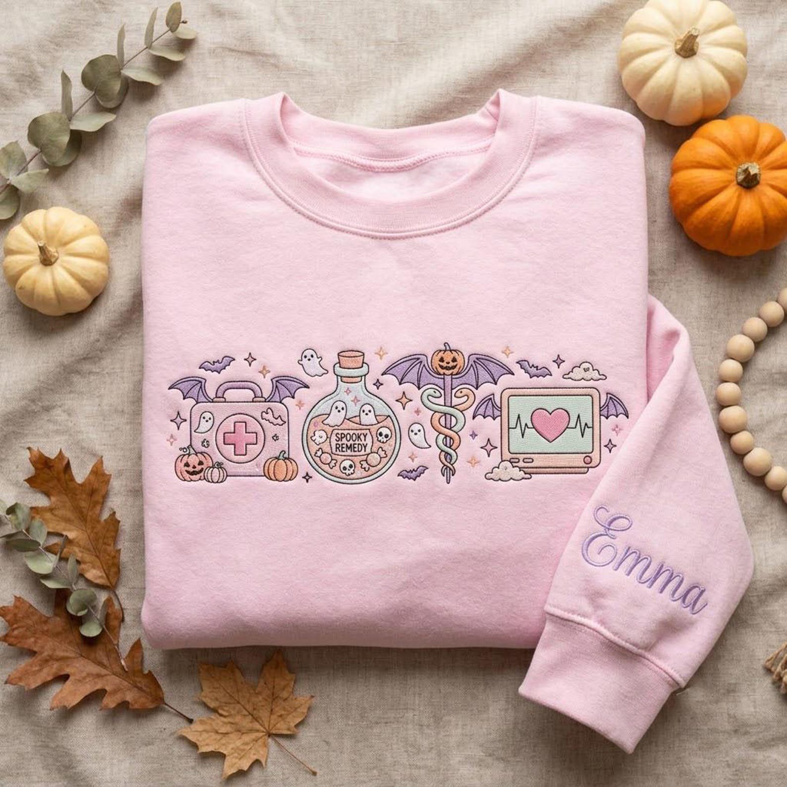 Spooky Nurse Halloween Sweatshirt, Personalized Medical Embroidery, Ghost Remedy Design, Custom Sleeve Name, Healthcare Worker Gift 5