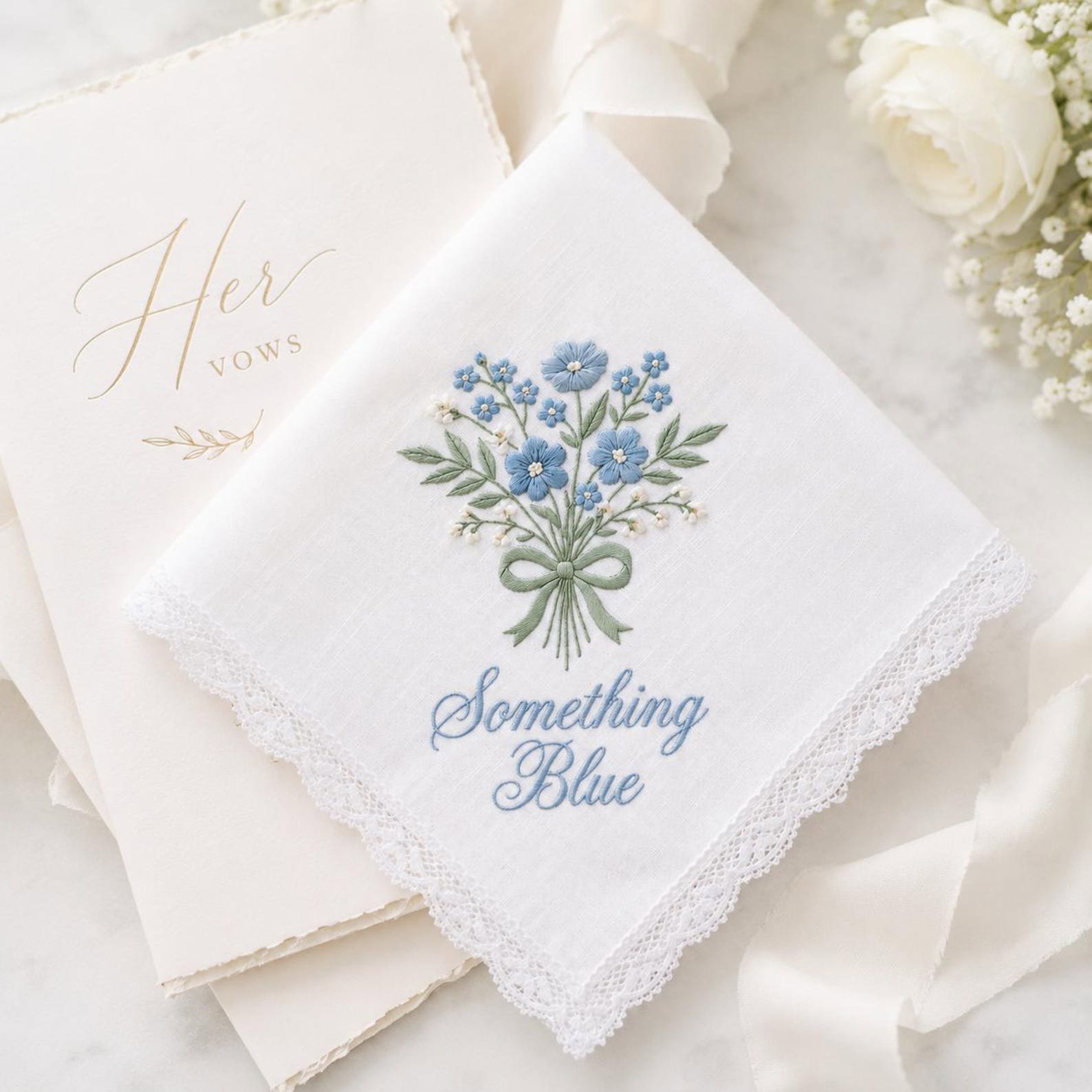 Embroidered Custom Wedding Handkerchief, Blue Linen Hanky, Bridal Keepsake Gift for Bride, Bride To Be Handkerchief, Bride Gift Idea 1