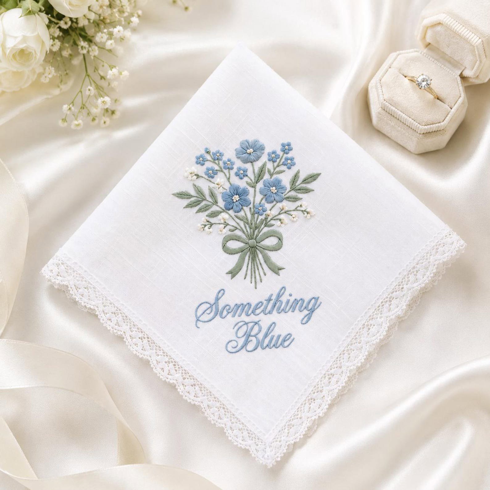 Embroidered Custom Wedding Handkerchief, Blue Linen Hanky, Bridal Keepsake Gift for Bride, Bride To Be Handkerchief, Bride Gift Idea 3