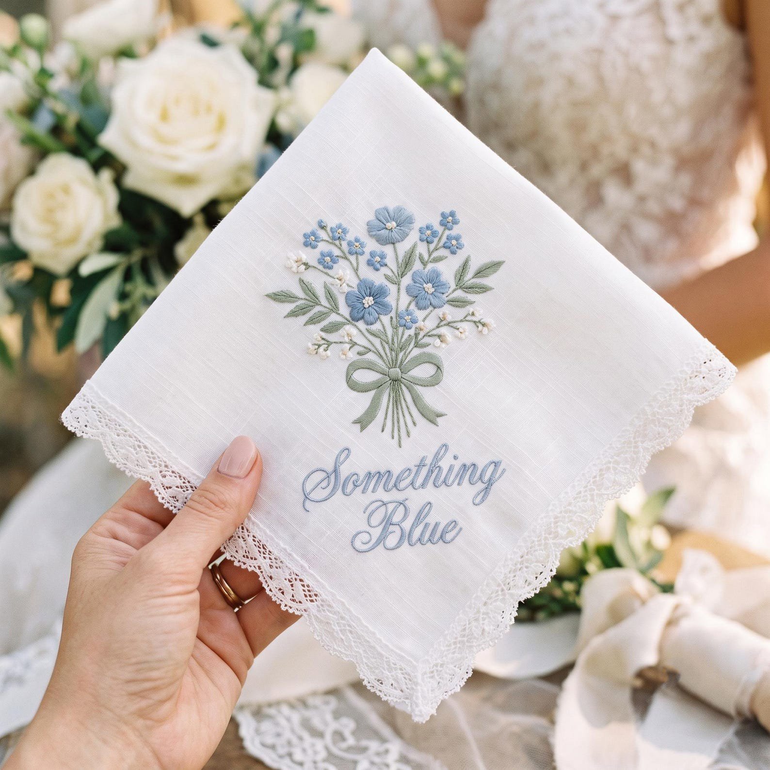Embroidered Custom Wedding Handkerchief, Blue Linen Hanky, Bridal Keepsake Gift for Bride, Bride To Be Handkerchief, Bride Gift Idea 2