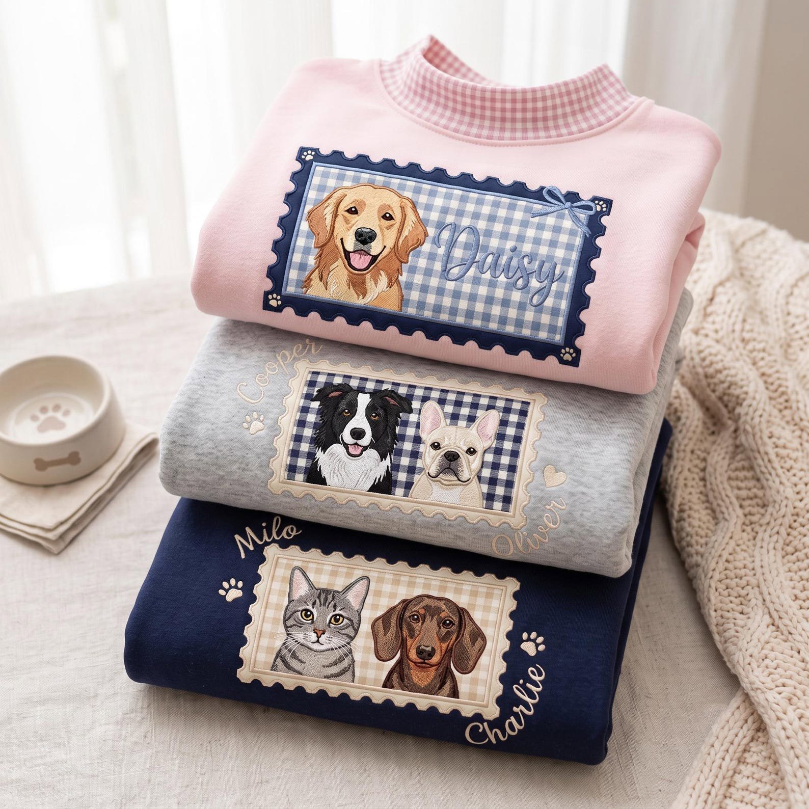 Custom Dog Name Applique Shirt, Custom Pet Portrait Gingham Mock Neck Sweatshirt, Custom Dog Face Photo Shirt, Pet Lover Gift 3