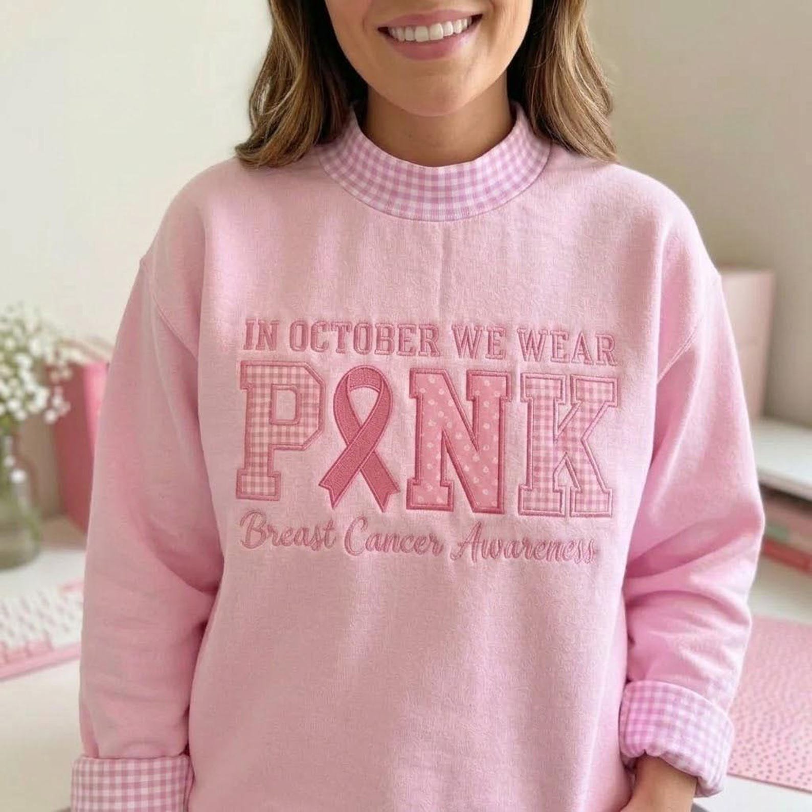 Breast Cancer Awareness Gingham Mock Neck Sweatshirt, In October We Wear Pink Applique Crewneck, Pink Ribbon Survivor Gift 2