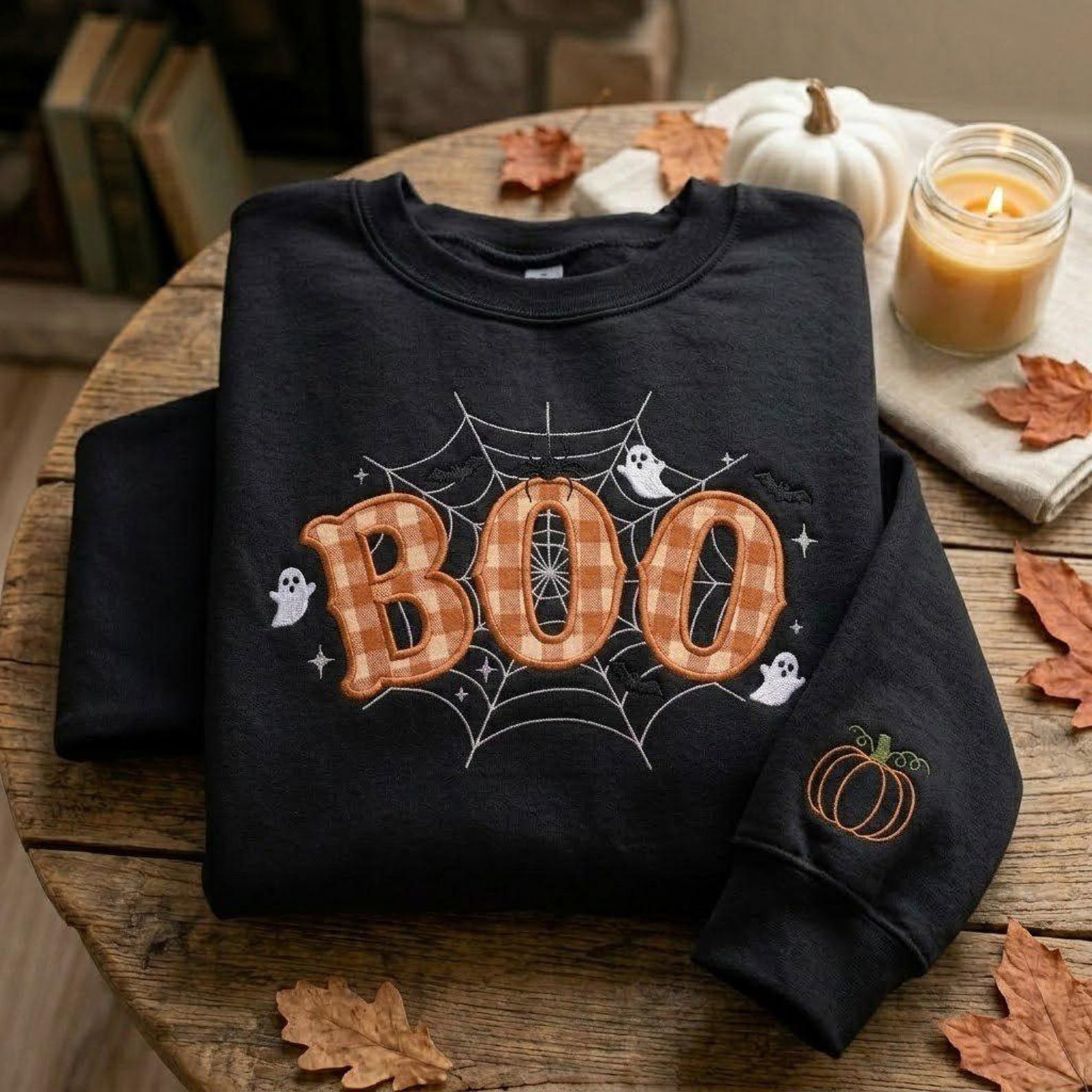 Halloween Boo Sweatshirt, Applique Embroidered Crewneck, Black Gingham Letter Design, Ghost Web Shirt, Pumpkin Sleeve Gift 3