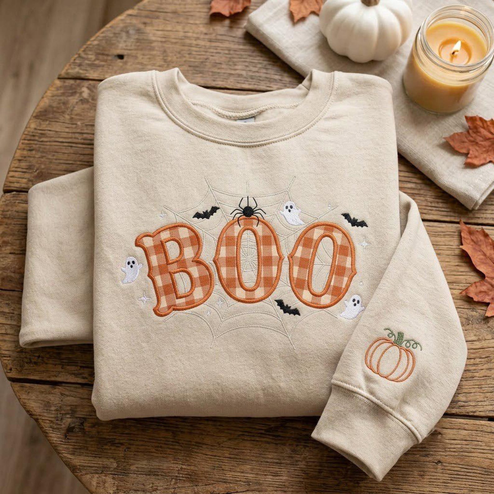 Halloween Boo Sweatshirt, Applique Embroidered Crewneck, Black Gingham Letter Design, Ghost Web Shirt, Pumpkin Sleeve Gift 2