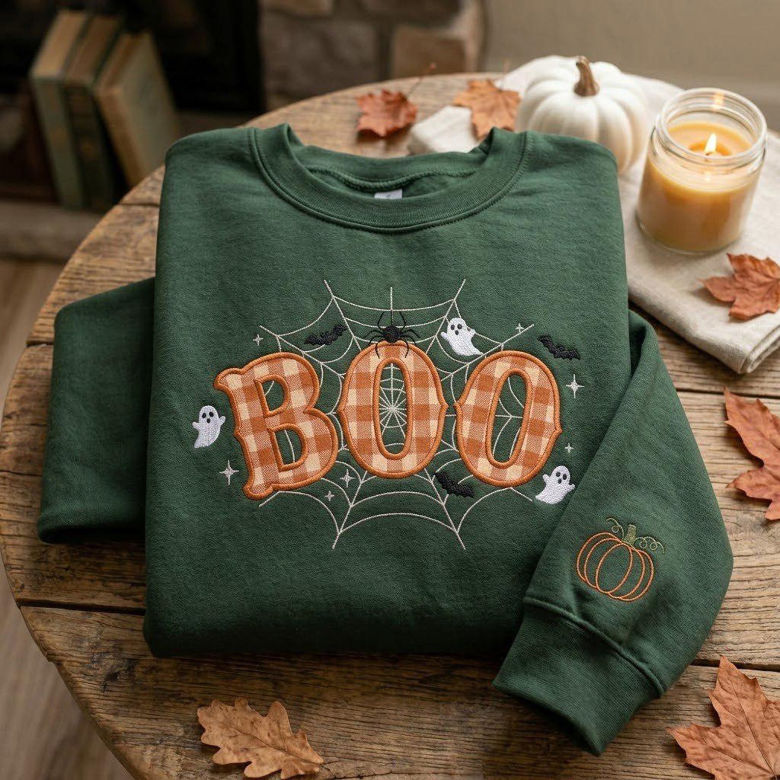Halloween Boo Sweatshirt, Applique Embroidered Crewneck, Black Gingham Letter Design, Ghost Web Shirt, Pumpkin Sleeve Gift 1
