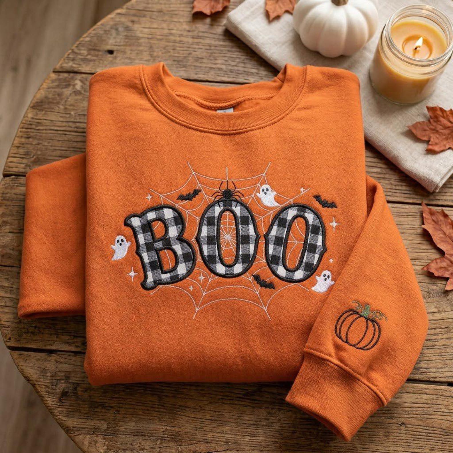 Halloween Boo Sweatshirt, Applique Embroidered Crewneck, Black Gingham Letter Design, Ghost Web Shirt, Pumpkin Sleeve Gift 4