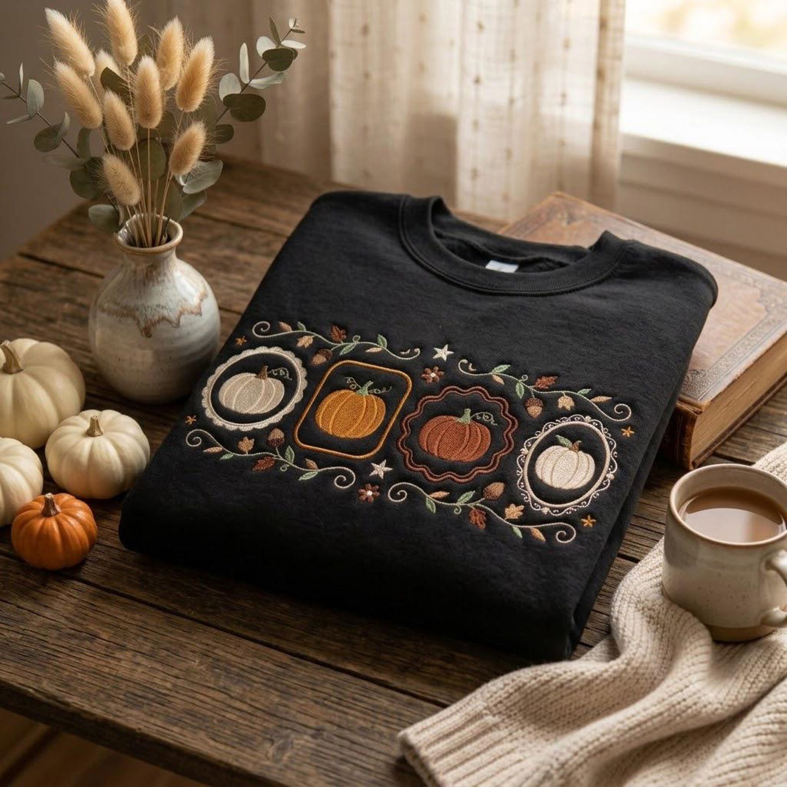 Embroidered Vintage Pumpkin Crewneck, Cozy Fall Harvest Sweatshirt, Autumn Thanksgiving Pullover, Rustic Seasonal Gift for Pumpkin Lovers 3