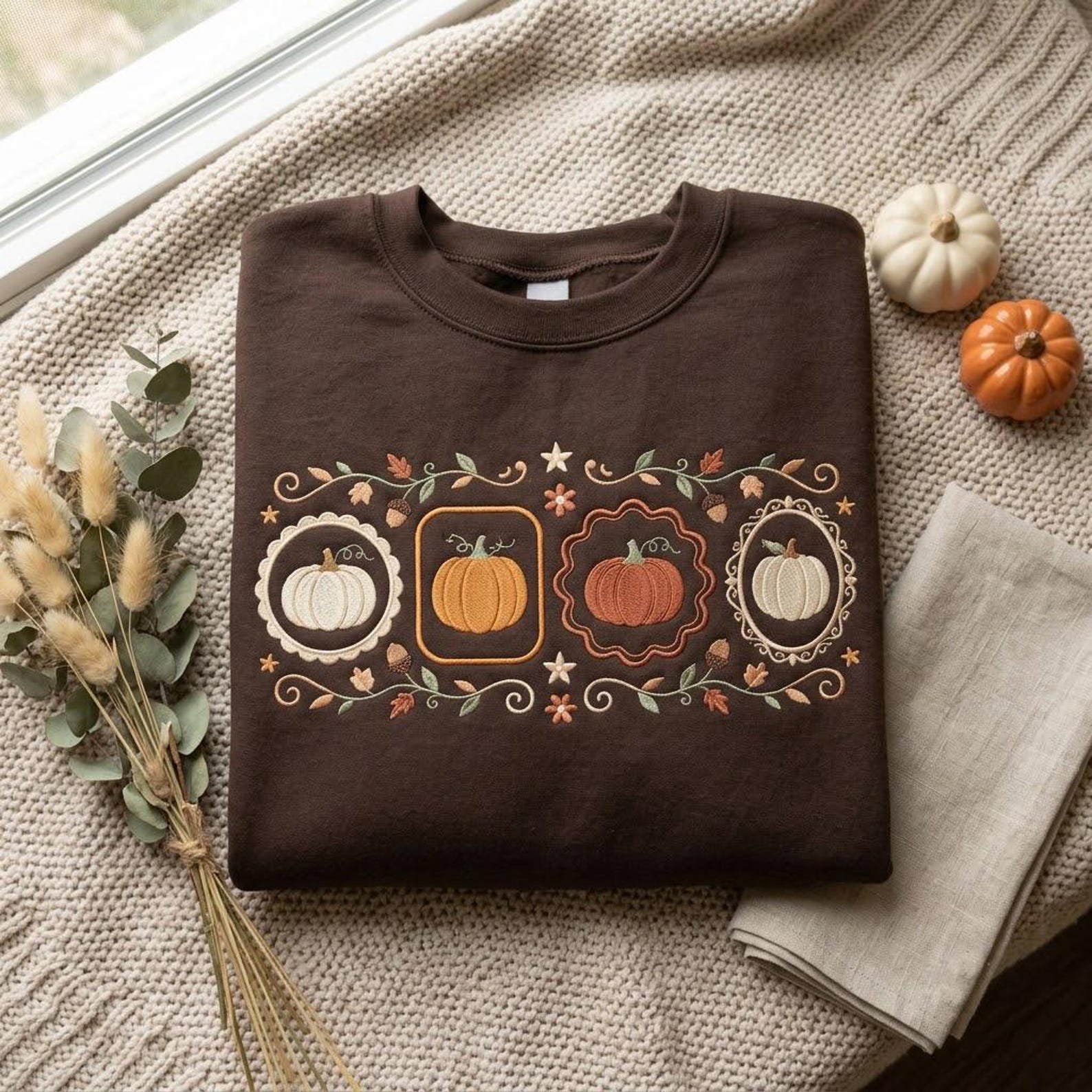 Embroidered Vintage Pumpkin Crewneck, Cozy Fall Harvest Sweatshirt, Autumn Thanksgiving Pullover, Rustic Seasonal Gift for Pumpkin Lovers 1