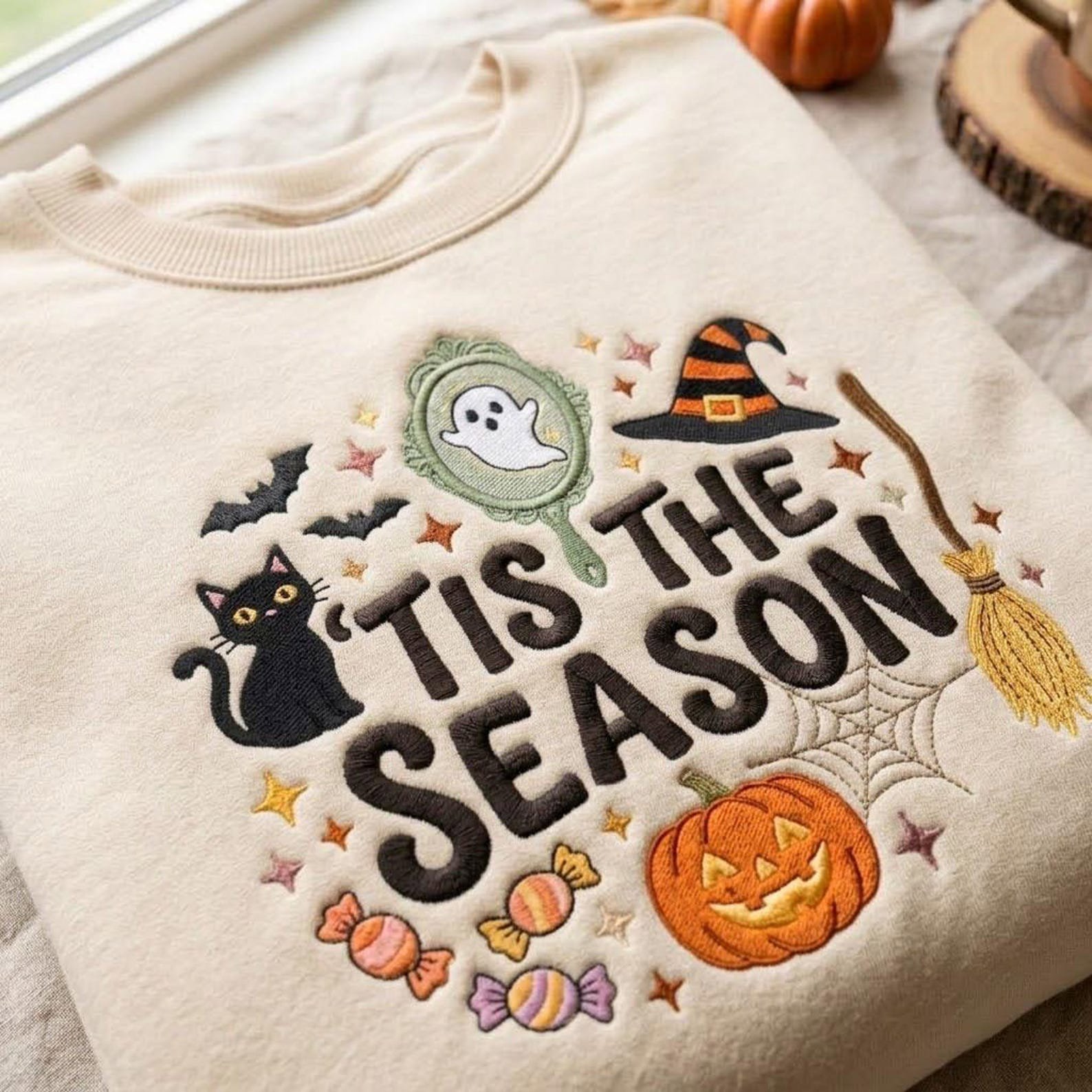 Halloween Tis the Season Embroidered Sweatshirt, Cute Ghost Black Cat Pumpkin Crewneck, Witchy Spooky Fall Season Gift 2
