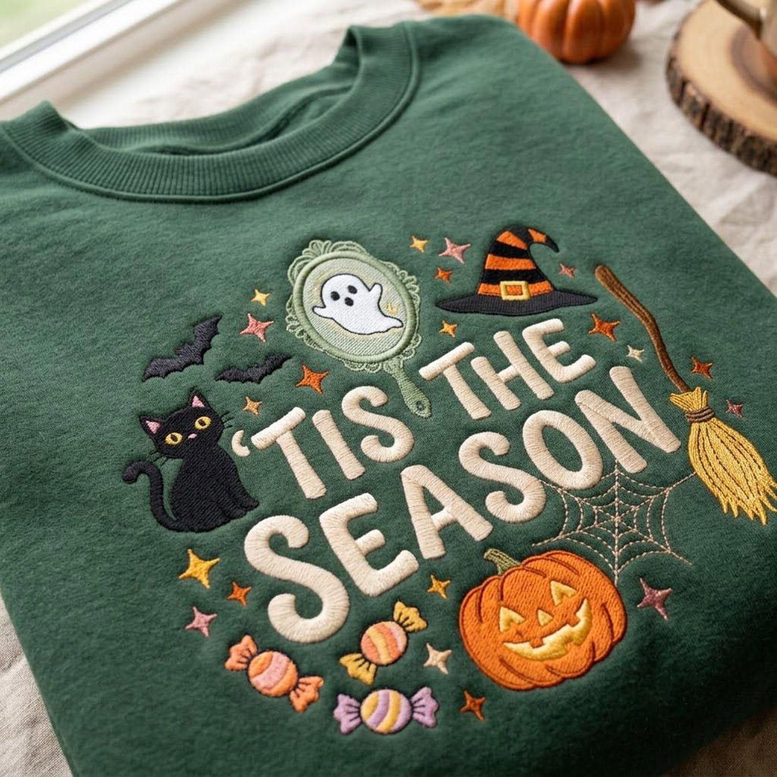 Halloween Tis the Season Embroidered Sweatshirt, Cute Ghost Black Cat Pumpkin Crewneck, Witchy Spooky Fall Season Gift 1
