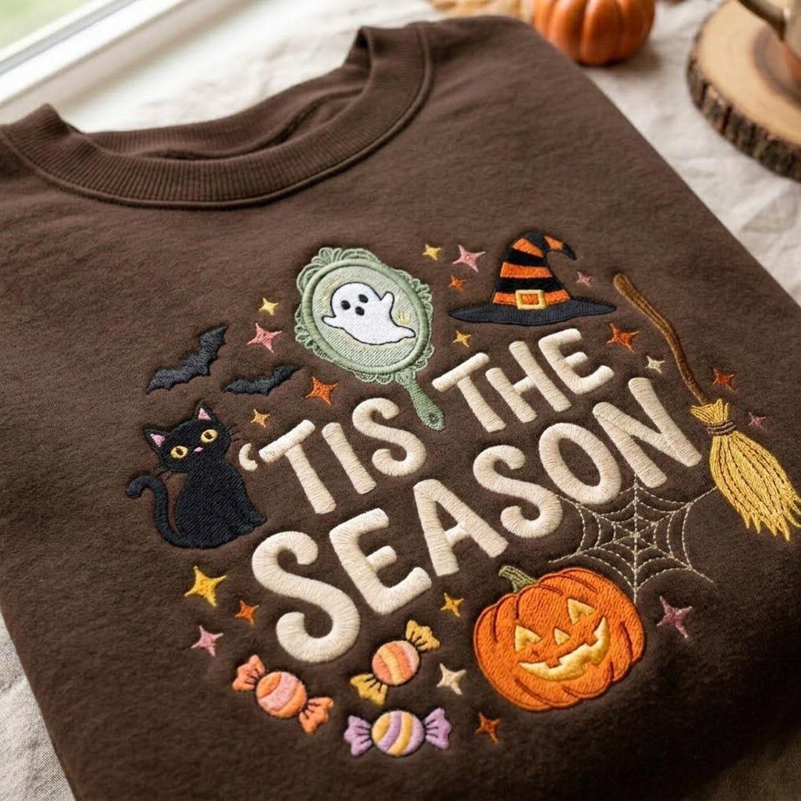 Halloween Tis the Season Embroidered Sweatshirt, Cute Ghost Black Cat Pumpkin Crewneck, Witchy Spooky Fall Season Gift 3
