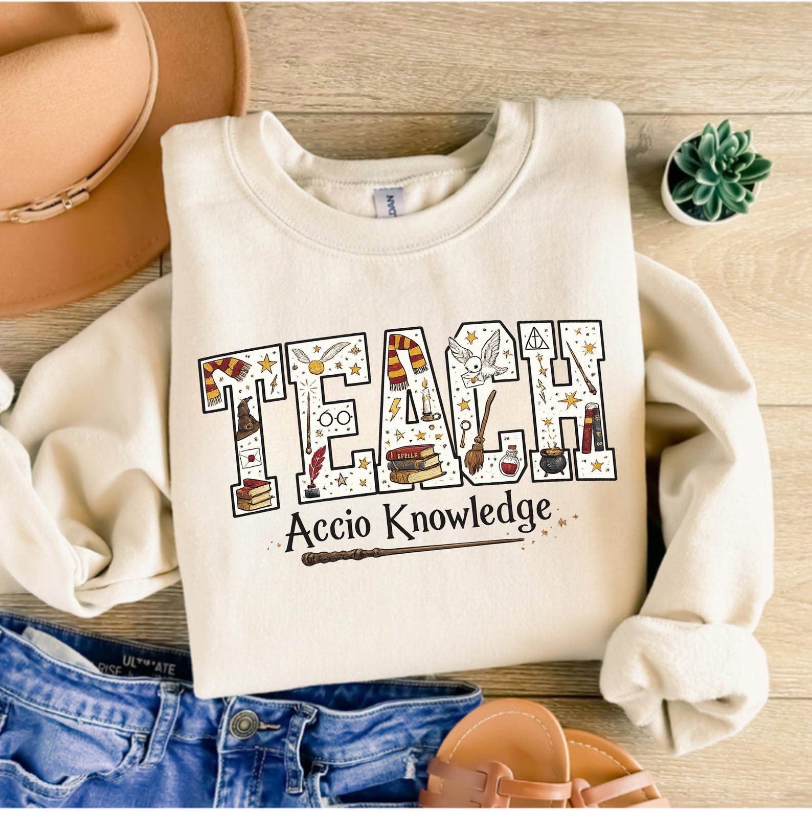 Magical Accio Knowledge Teach Sweatshirt, Wizard Spell Wand Book Graphic For Halloween Teacher Outfit 1