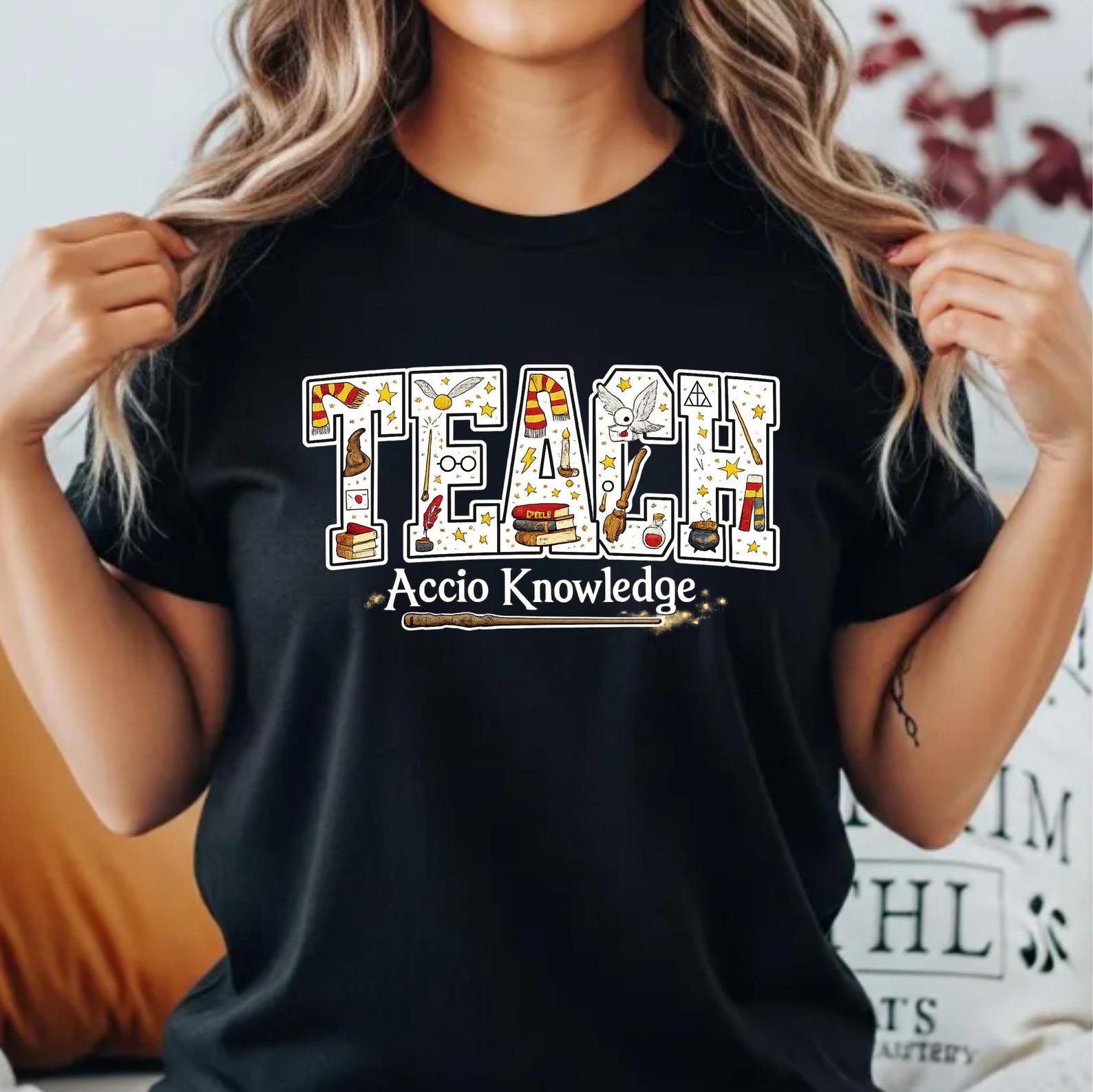 Magical Accio Knowledge Teach Sweatshirt, Wizard Spell Wand Book Graphic For Halloween Teacher Outfit 5