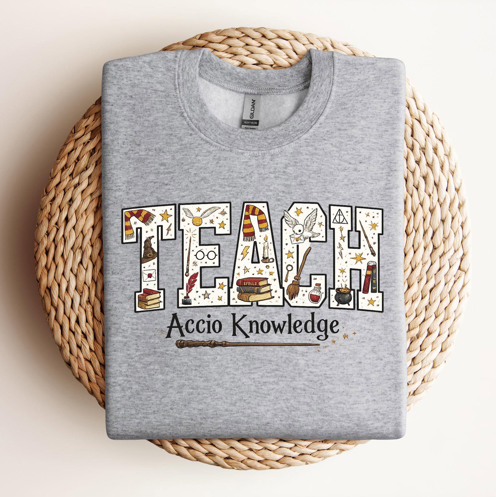 Magical Accio Knowledge Teach Sweatshirt, Wizard Spell Wand Book Graphic For Halloween Teacher Outfit 6