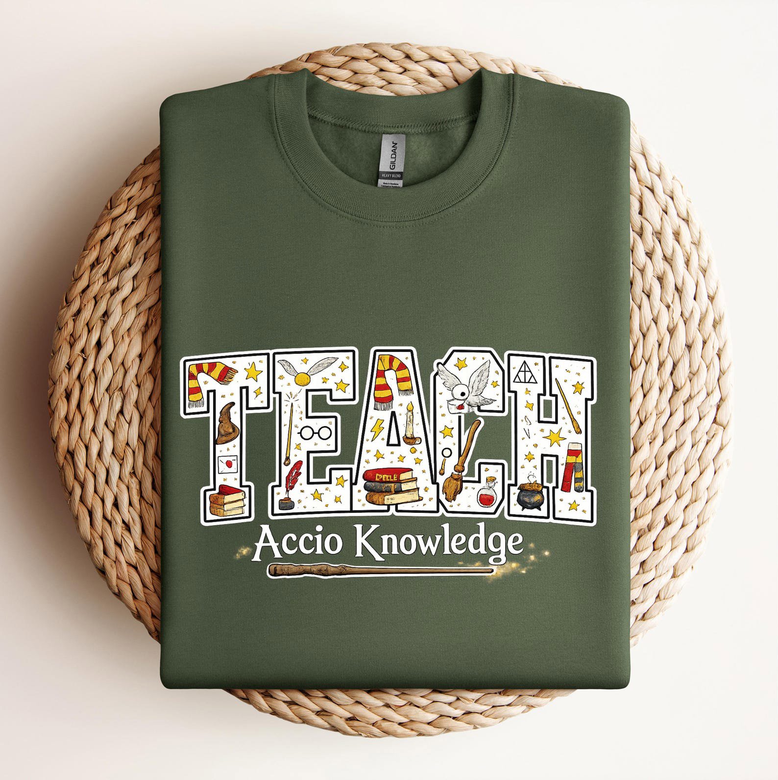 Magical Accio Knowledge Teach Sweatshirt, Wizard Spell Wand Book Graphic For Halloween Teacher Outfit 9