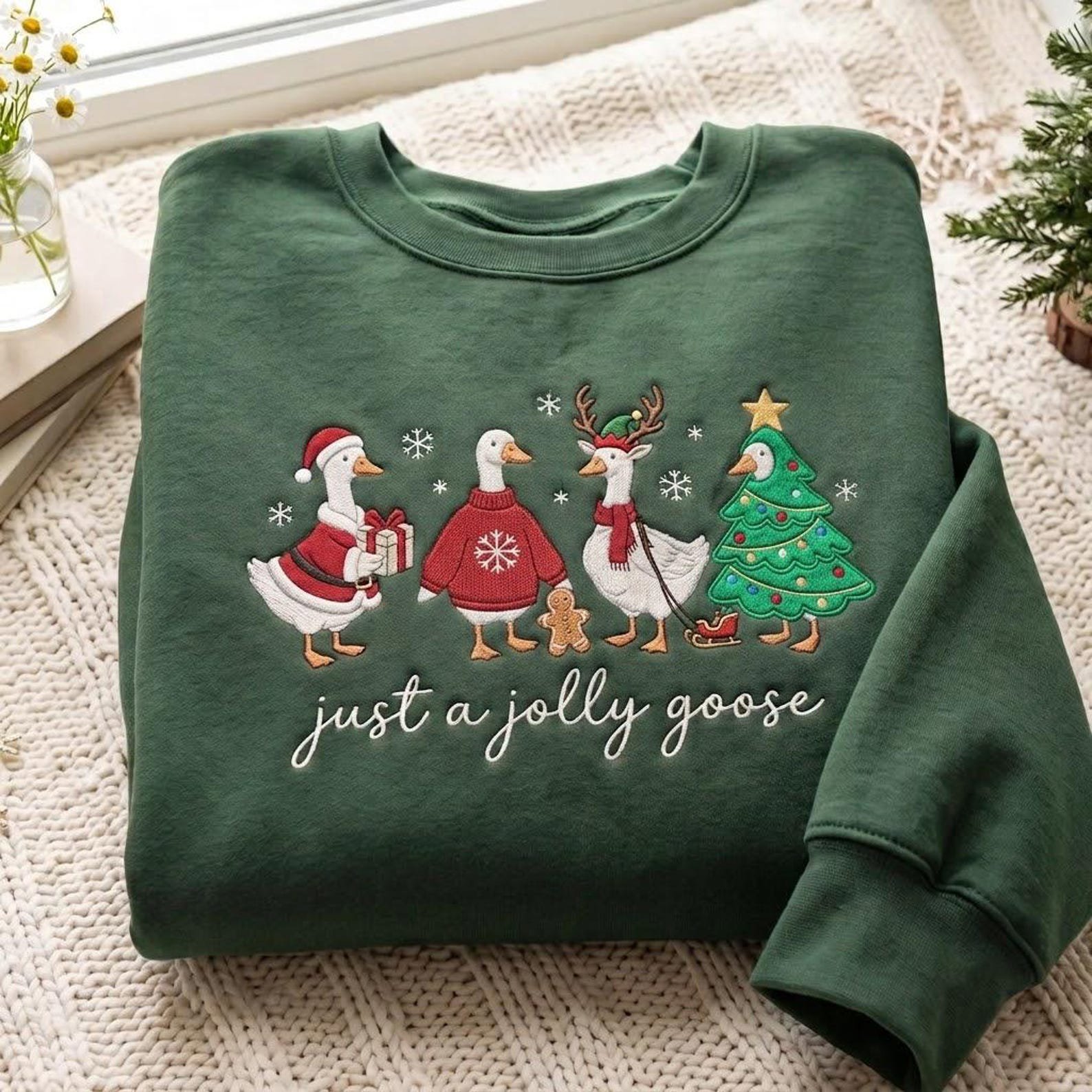 Christmas Goose Embroidered Sweatshirt, Just a Jolly Goose Crewneck, Cute Holiday Bird Shirt, Festive Winter Goose Lover Gift 3