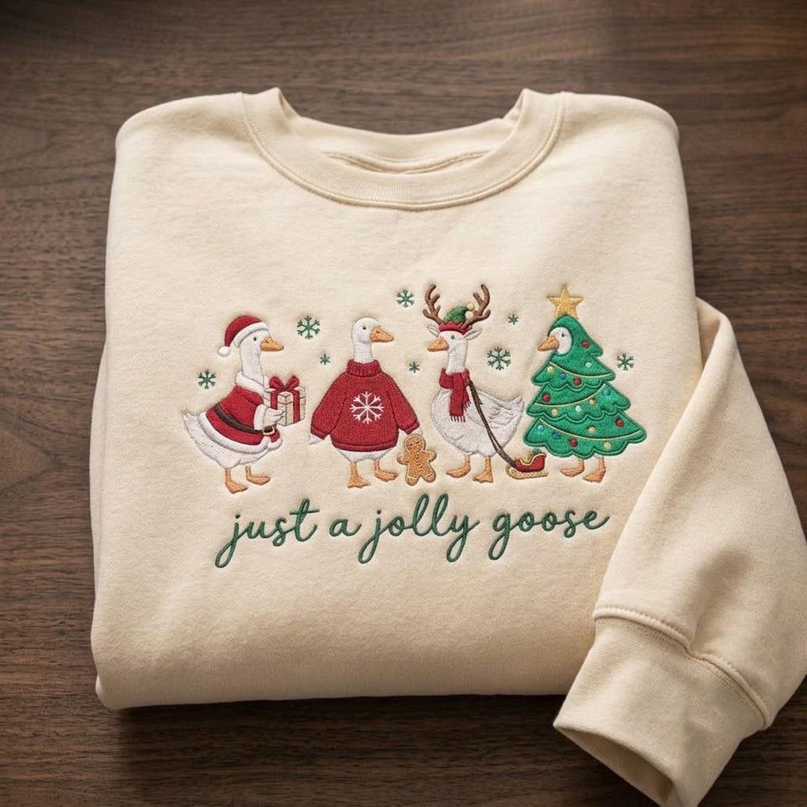Christmas Goose Embroidered Sweatshirt, Just a Jolly Goose Crewneck, Cute Holiday Bird Shirt, Festive Winter Goose Lover Gift 2