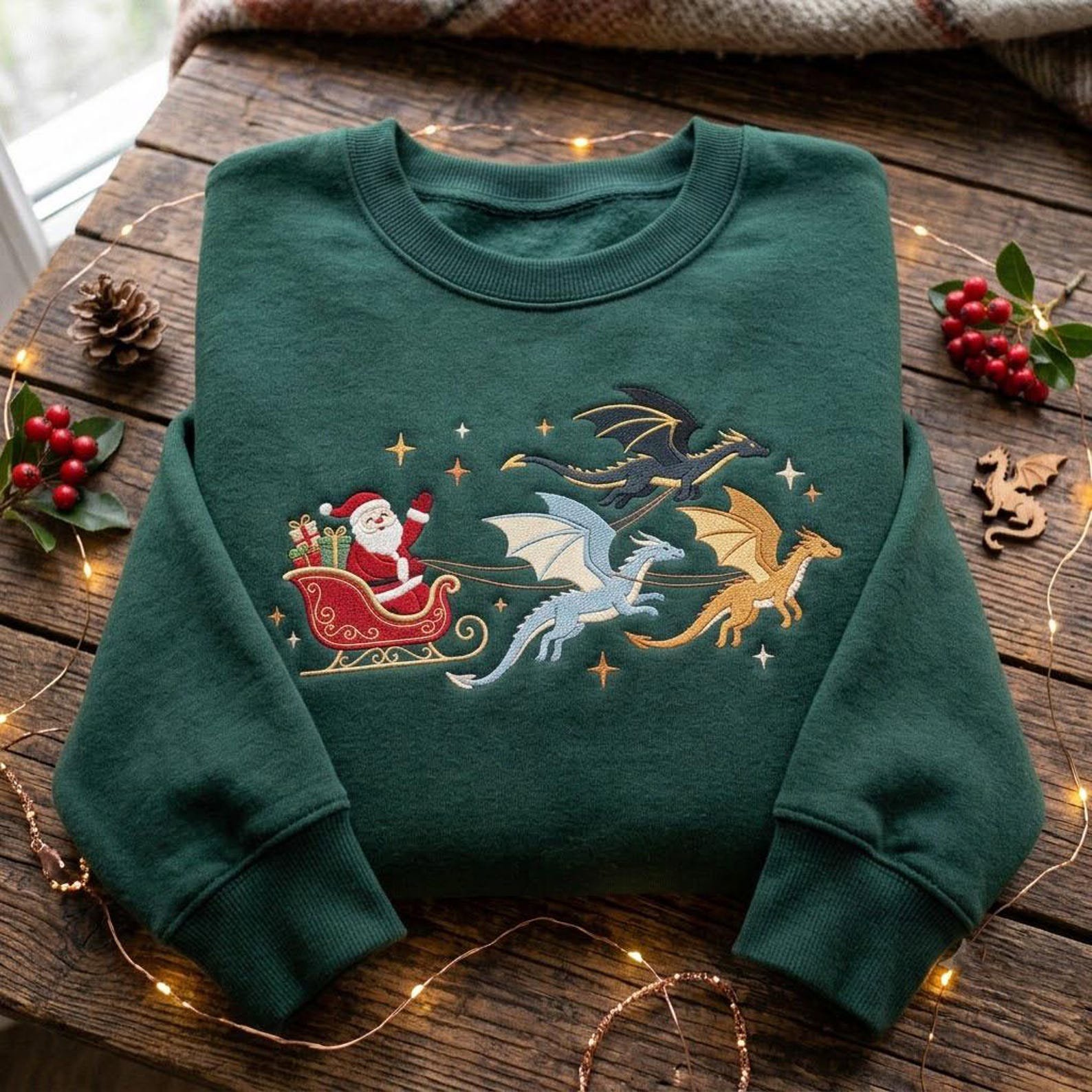 Fantasy Christmas Dragon Embroidered Sweatshirt, Santa Sleigh Crewneck, Magical Holiday Shirt, Whimsical Dragon Lover Gift 1