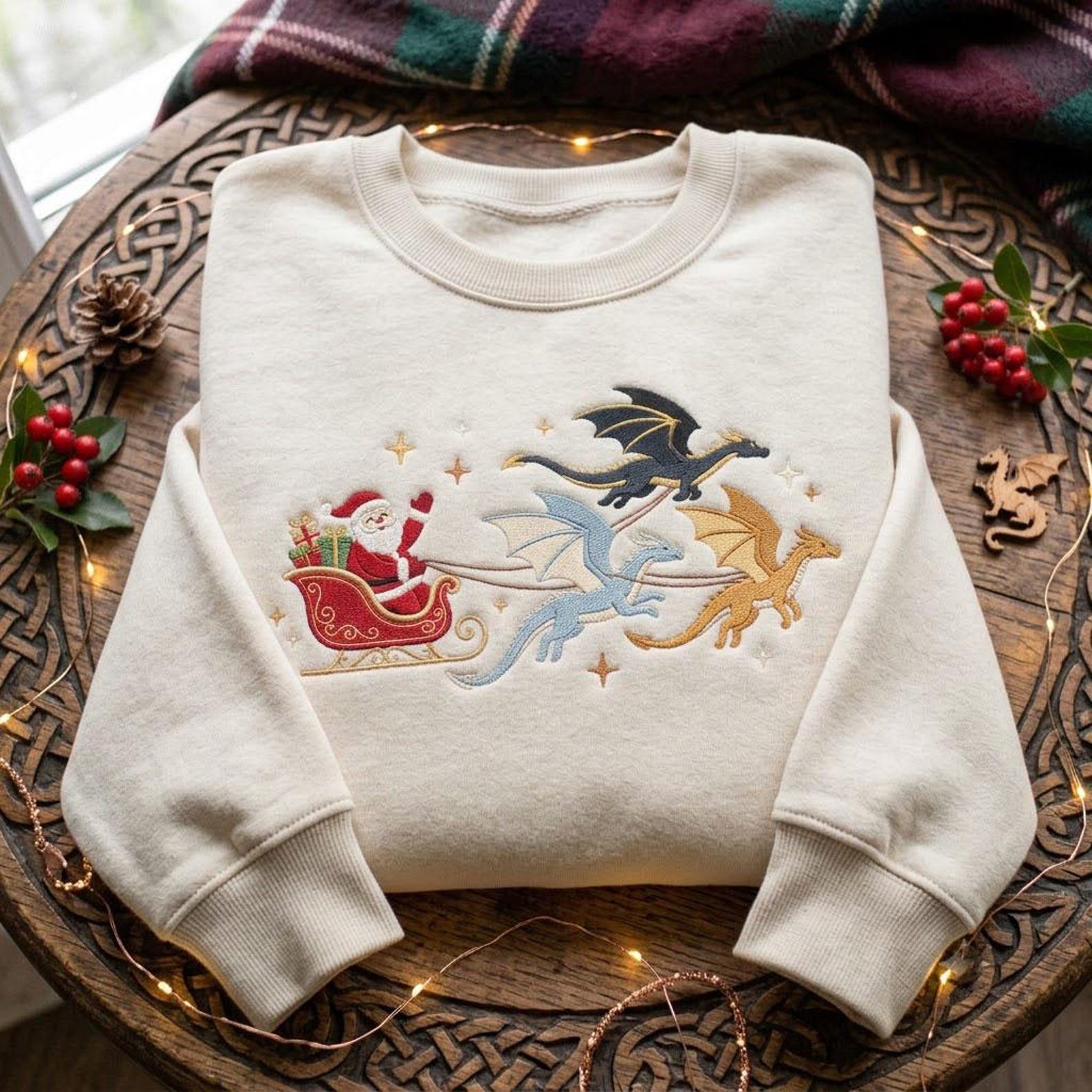 Fantasy Christmas Dragon Embroidered Sweatshirt, Santa Sleigh Crewneck, Magical Holiday Shirt, Whimsical Dragon Lover Gift 2