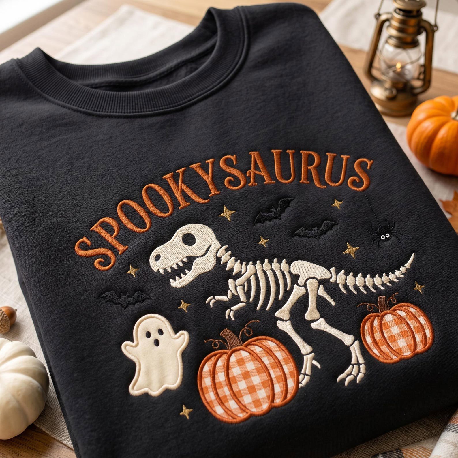Embroidered Spooky Dinosaur Halloween Applique Sweatshirt, Skeleton T Rex Shirt, Gingham Pumpkin Design, Cute Fall Gift, Spooky Season Shirt 2