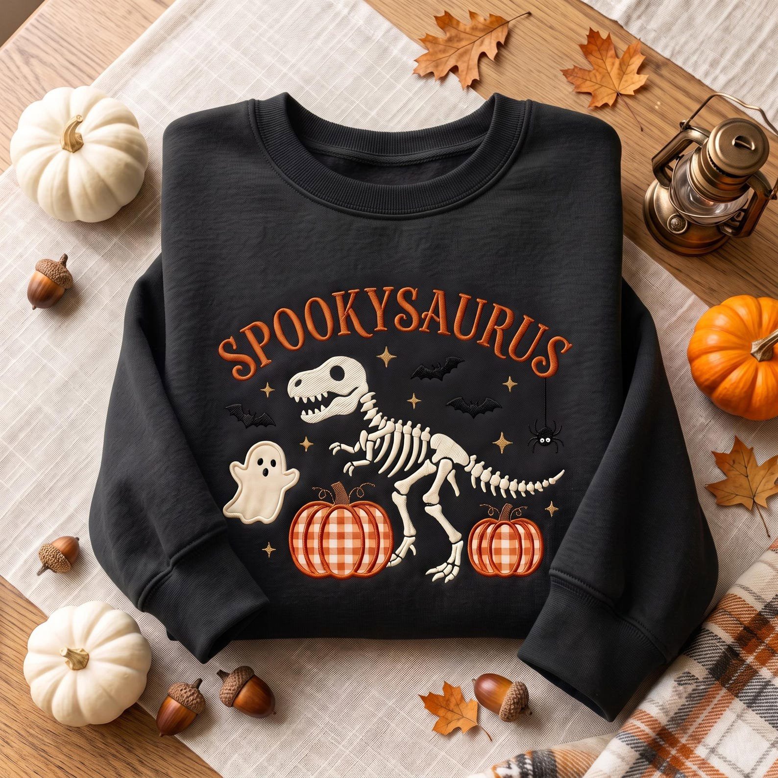 Embroidered Spooky Dinosaur Halloween Applique Sweatshirt, Skeleton T Rex Shirt, Gingham Pumpkin Design, Cute Fall Gift, Spooky Season Shirt 3